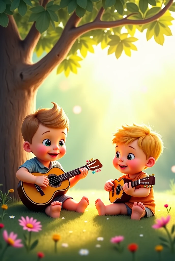 painting of two children, a blonde girl and a brown-haired boy, cheerful, happy, looking at each other with a look of brotherhood, love, boy playing guitar in a forest, 3d drawing of friends, by Craig Davison, by Elaine Hamilton, playing little viola, by Orshi Drozdik, in the style of Shrek movie, animated film still, 3D animated film still, Lovely disney pixar digital painting, by Eugeniusz Zak, cute art, by Nándor Katona, masterpiece, high quality.