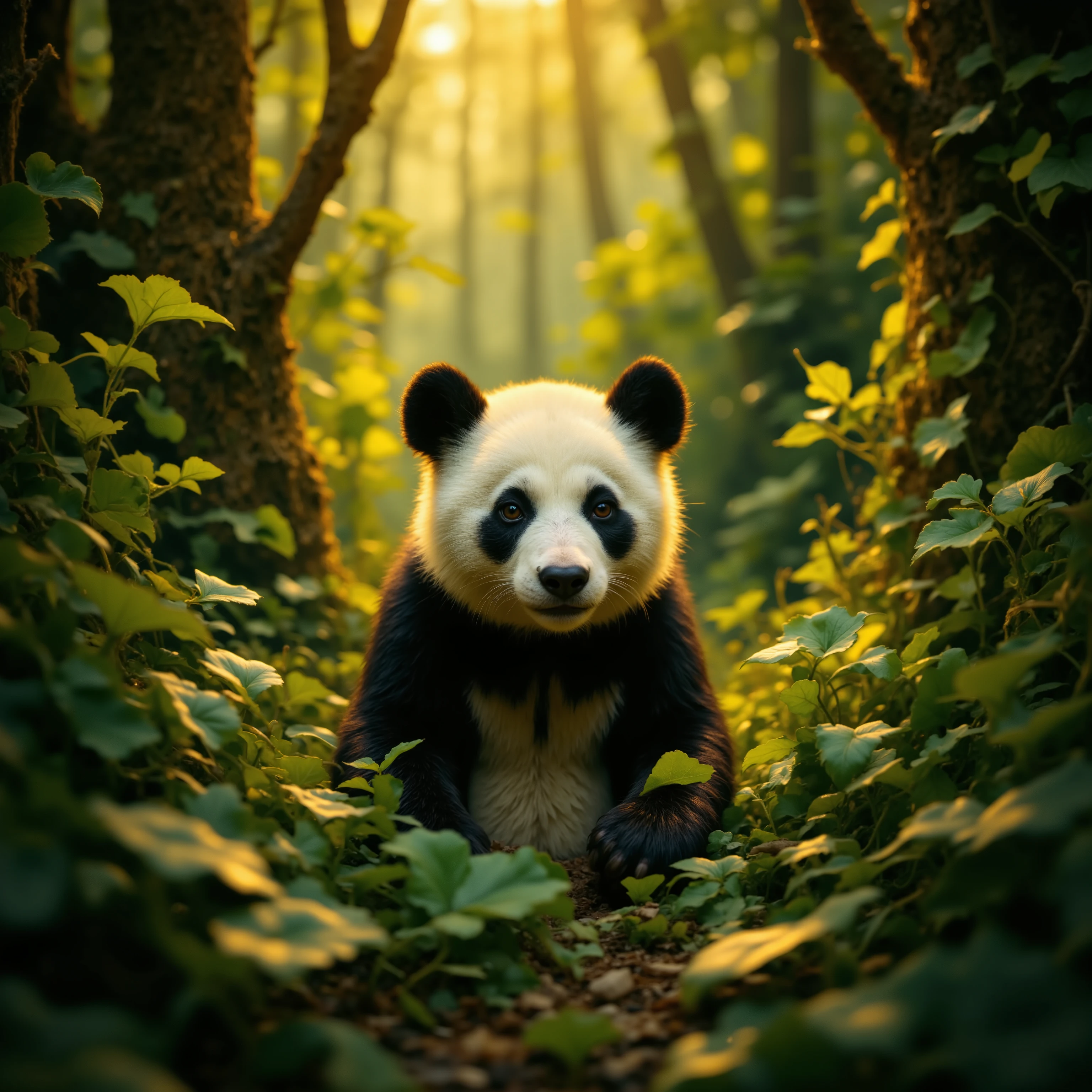Panda in japanese jungle, bokeh, sun lights, Chiaroscuro