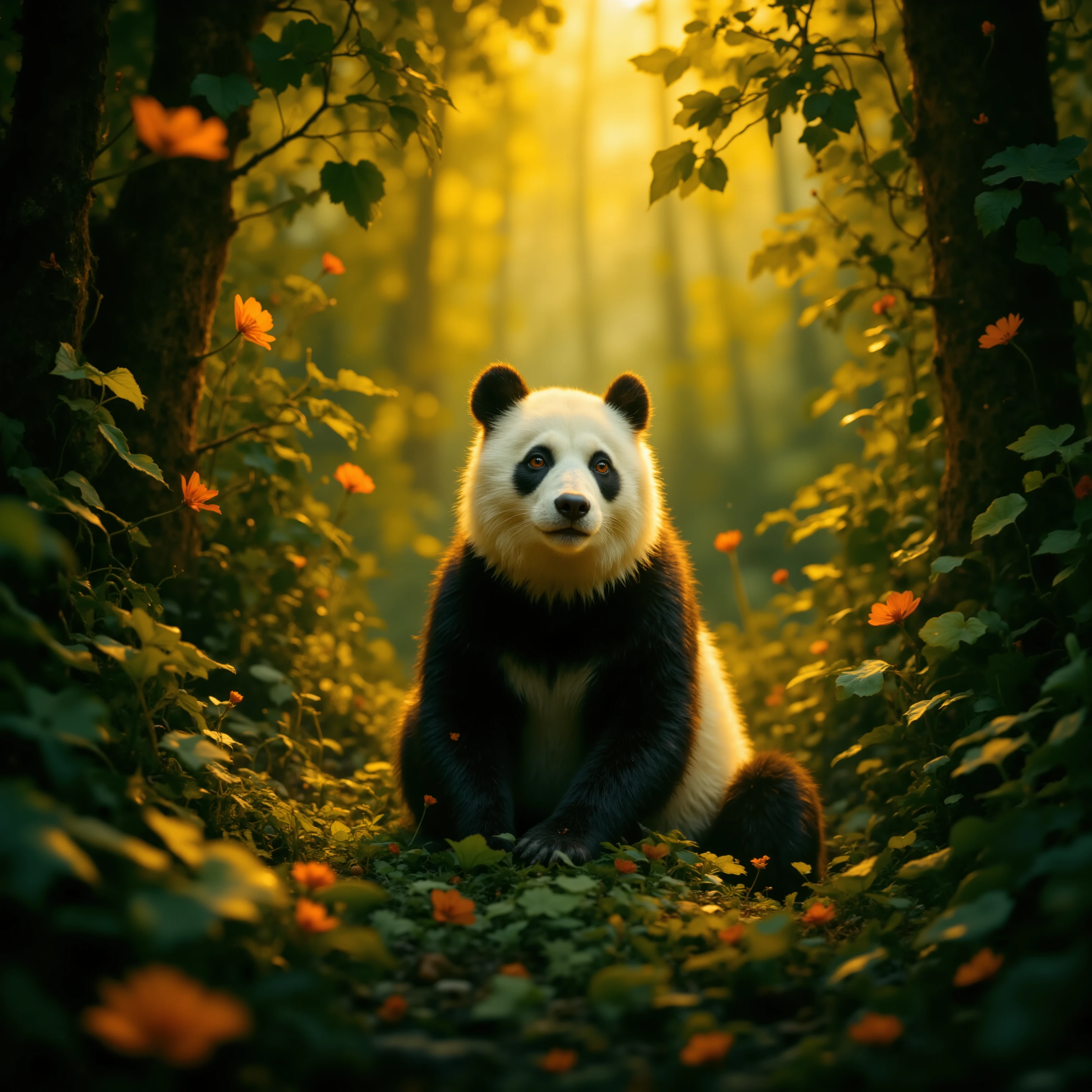 Panda in japanese jungle, bokeh, sun lights, Chiaroscuro