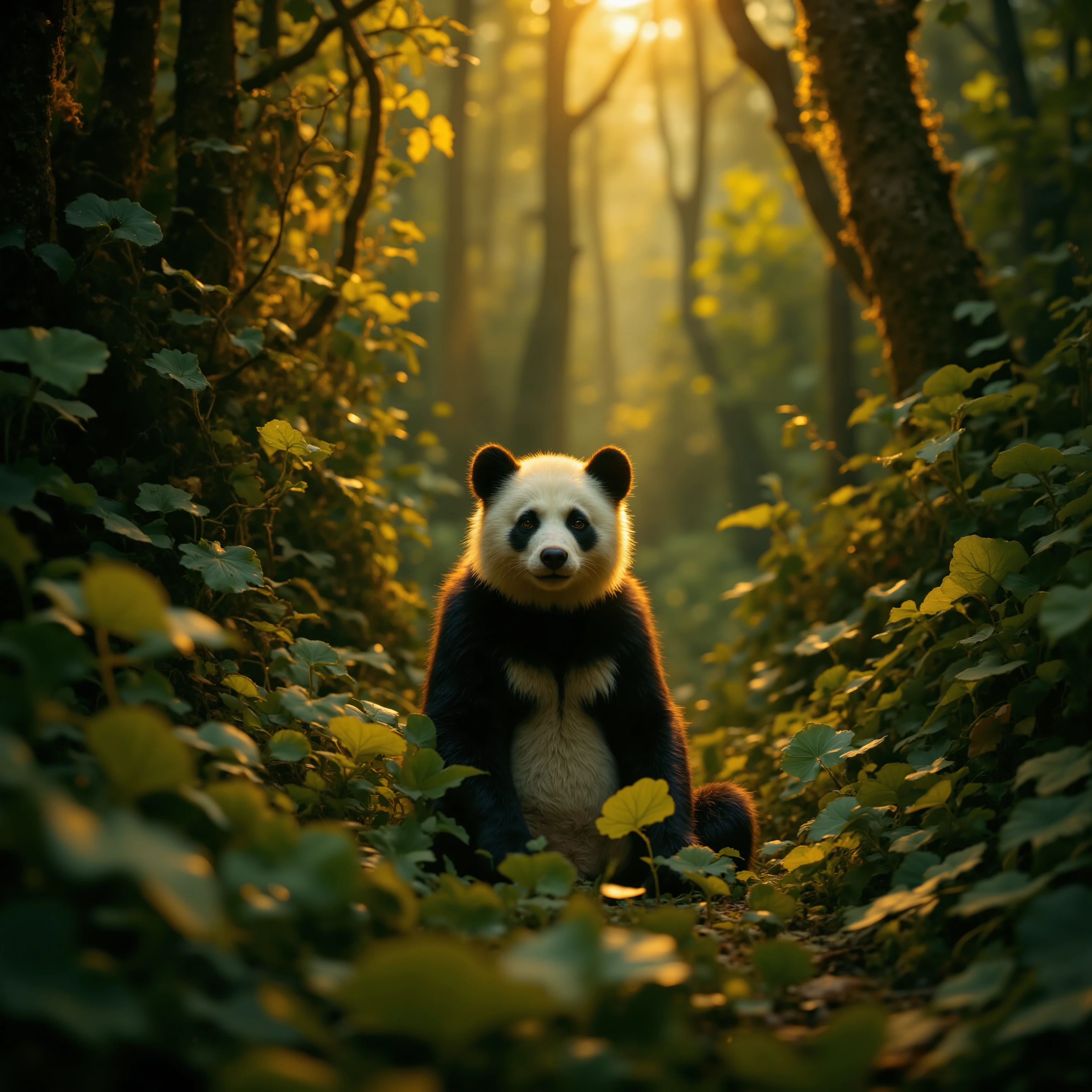 Panda in japanese jungle, bokeh, sun lights, Chiaroscuro