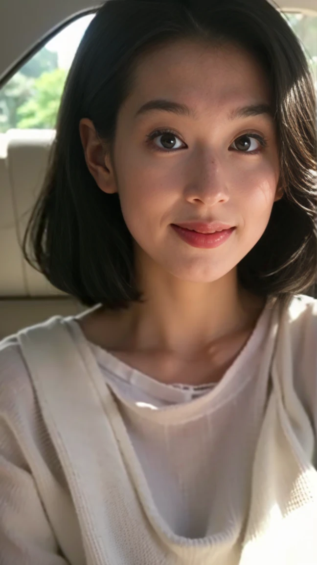 ((highest quality)), ((masterpiece)), (become familiar with), perfect face, realistic skin texture, The whole body is reflected、detailed face、 Beautiful eyes in every detail, 34 years old、1 Japanese women,beautiful face, very short hair、half open mouth、big mouth、Overbyte、blush:2.0、Wet sheer camisole、look at the camera、Fair skin