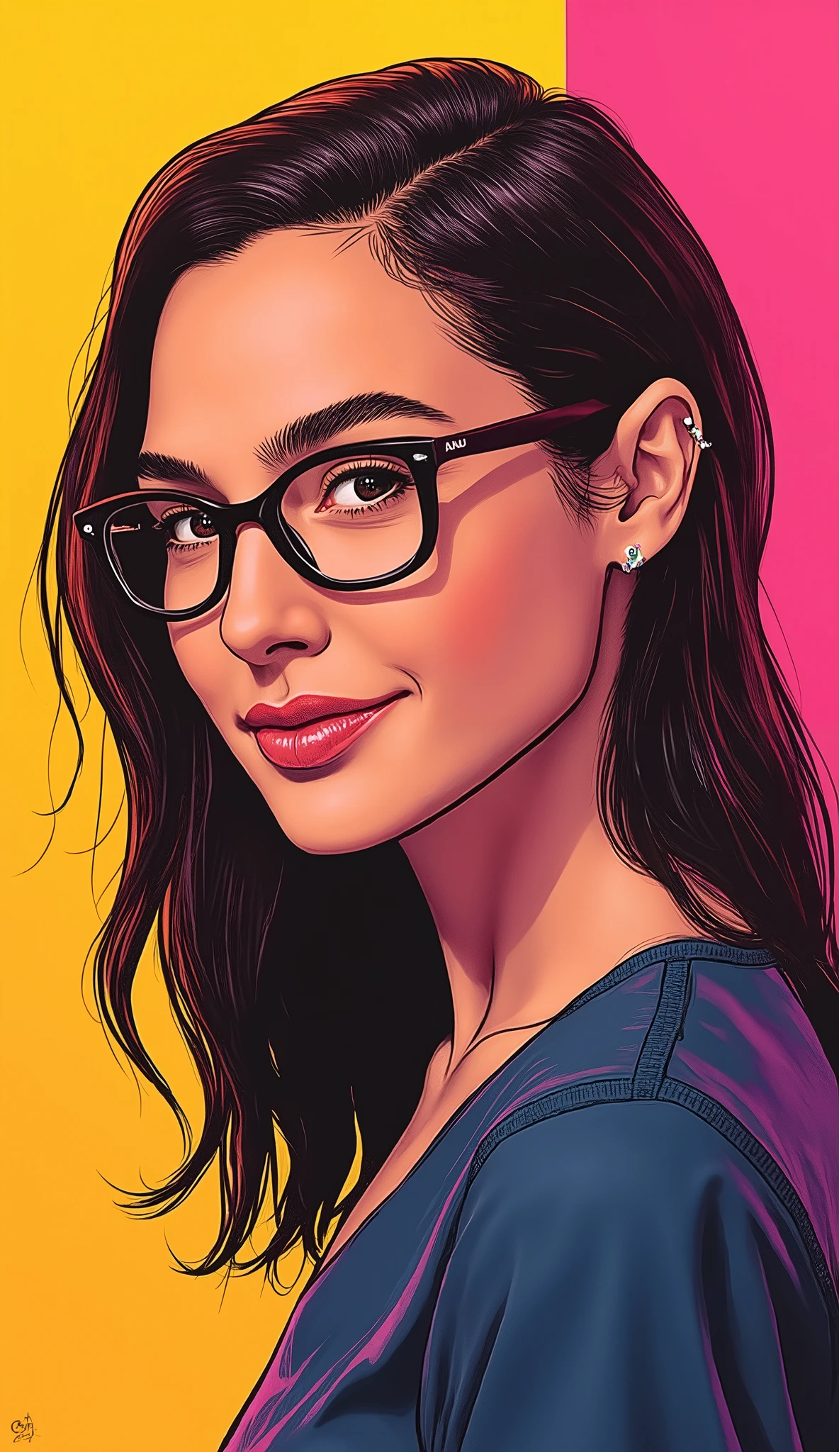 discreet image. with discreet casual clothing and glasses. , American, comic style. SHE IS HAPPY AND GRATEFUL , with a discreet smile . IMAGES WITH VIBRANT COLORS . with colorful background