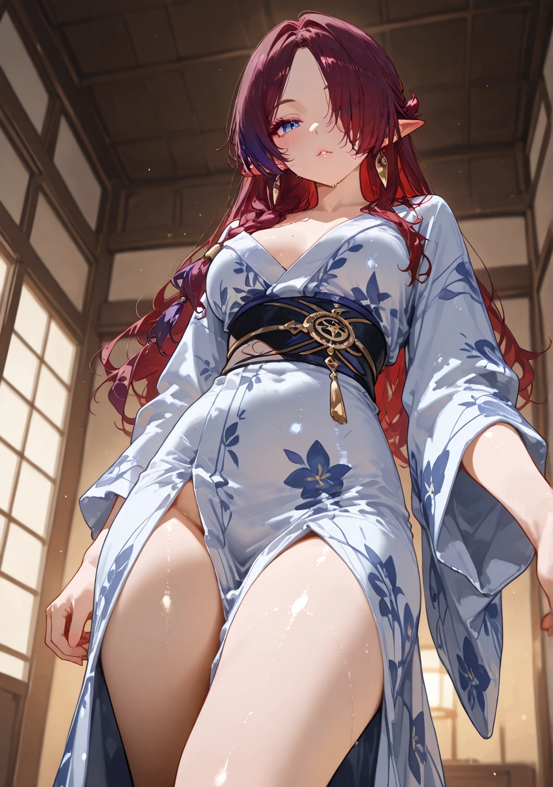 (NSFW,Enrich the picture,Masterpiece level quality)Beautiful 8K CG artwork,Goddess-like posture,Kneeling exercise,Slim and soft,Translucent skin,Red hair、The beauty of extra-long hair, Super Long Straight Hair,The skin is fair and juicy,Big JK Uniform,Perspective Part 1.2x enhanced silhouette effect,Exquisite transparent blues pattern in pajamas,The details are intricate and exquisite,The background is slightly blurred,Charming and lustful leg seduction,Drool,Extra-large big breasts,Blush,Japan goddess,