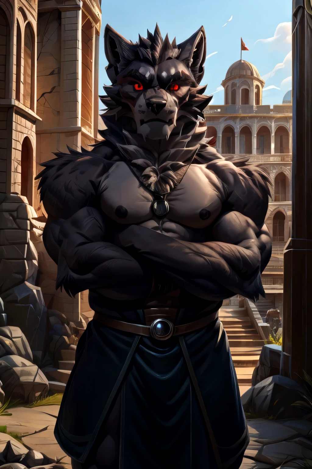 The werewolf, with black fur speckled orange accents, exudes a bitone configuration, highlighted by a thick coat of white chest fur. His piercing green eyes, boasting intricate and detailed renditions, are surrounded by a rugged black beard. this anthropomorphic werewolf is showcased on e621, boasting a furry and muscular body, enhanced by realistic anatomical proportions and an impressive, photorealistic fur texture. He is adorned with a canine penis, a detailed and realistic representation, with a noticeable erection and huge, well-defined balls.

The solo, adult, masculine figure wears a climbing harness