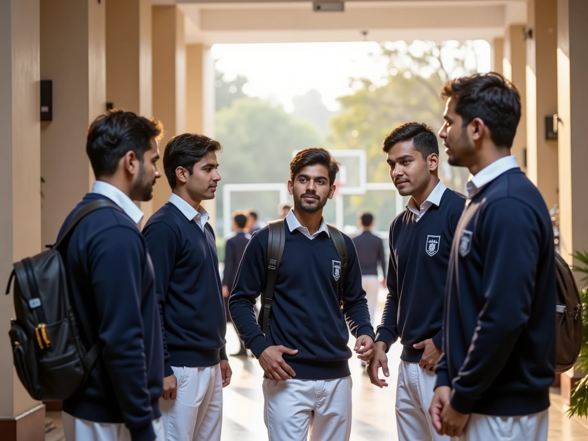 A high-resolution, photorealistic 4K HDR image of a Pakistani school corridor leading to an open basketball court. A group of four age boys in navy blue school sweaters and white uniforms stand in a semi-circle, engaged in an animated conversation. They are laughing, gesturing, and casually interacting, while one student (centered in the group) appears slightly hesitant, standing at the edge, unsure of when to jump into the discussion. His facial expression conveys a mix of nervousness and eagerness. The setting is lively, with other students walking by in the background, the basketball court visible behind them, and the warm afternoon sun casting natural light on the scene. The unseen POV character is NOT visible, but the image captures the social atmosphere of a typical school break where students gather to chat outside the classroom.