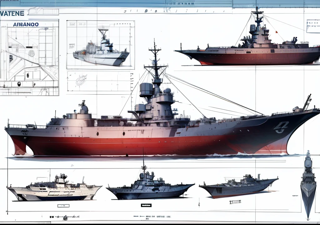 diesel war boat blueprint, three view, concept sketch blueprint,masterpiece, best quality ,high resolution,British Navy