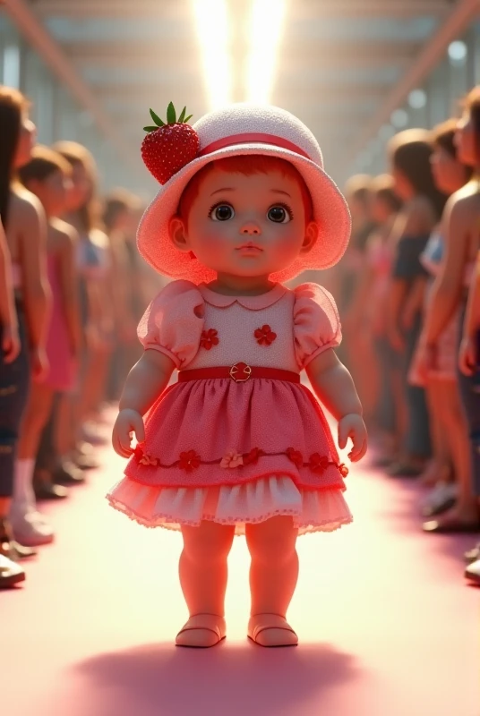 Create a scene where a smiling and adorable baby girl is wearing a dress made with candy canes in brigadeiros and grated coconut in relief, and on the baby's head an ornament of candy in relief, and parading on the catwalk, ultra realistic 4k moving camera