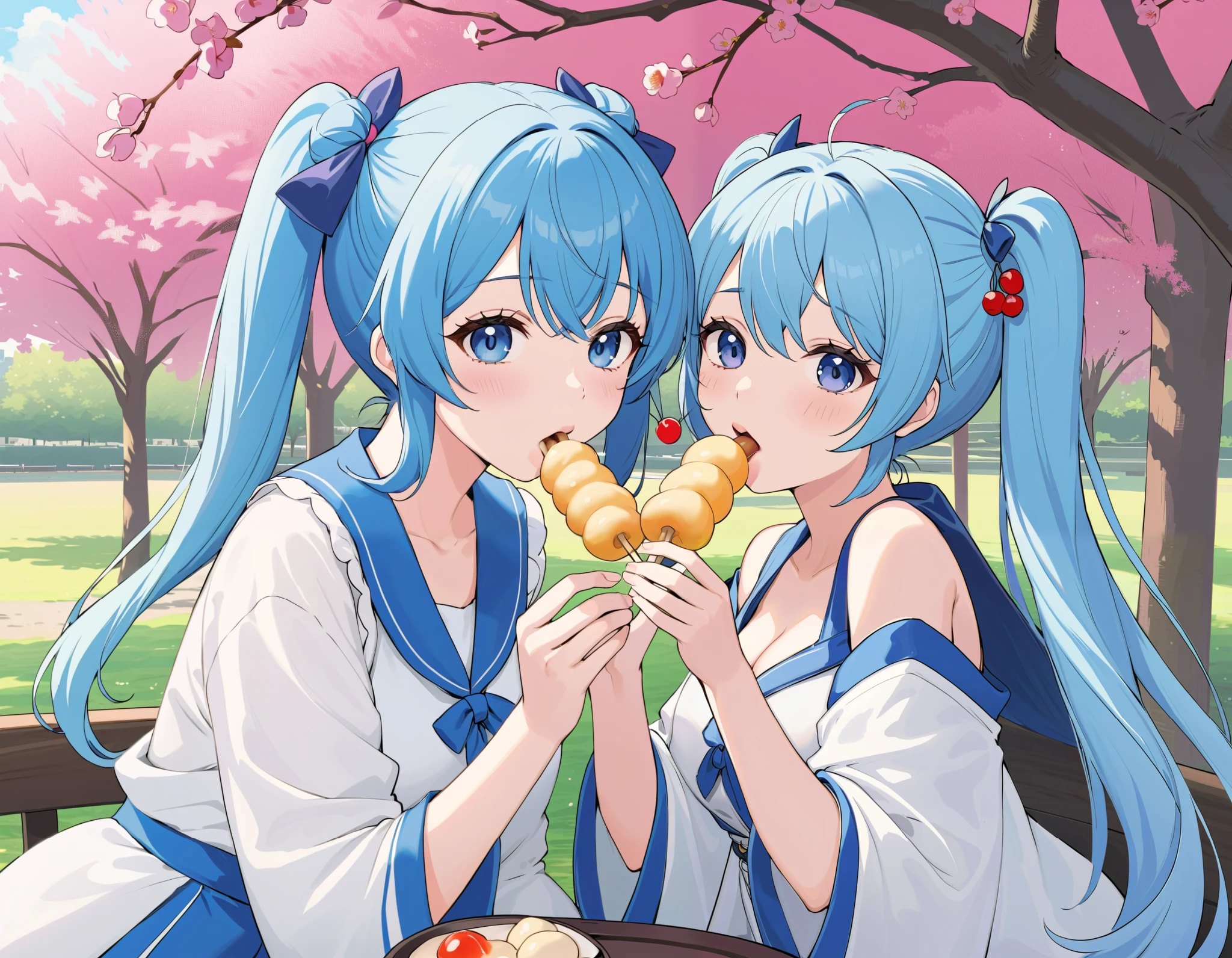 アニメガール with blue hair eating a piece of food, light blue long hair、 beautiful girl with a twin-tail hairstyle、Beautiful girl eating dango、Large park、They are eating delicious dumplings under a cherry tree