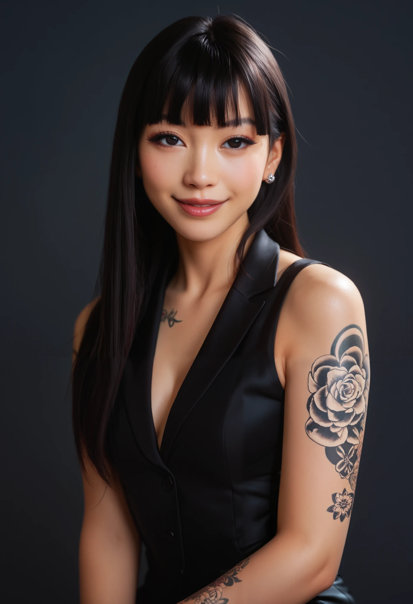 score_9, score_8_up, score_7_up, 1girl, simplified background, Asian, mafia business outfit, , sunny, lovely, hime cut hair, gentle smile, black lips, black eyes, tattoos 