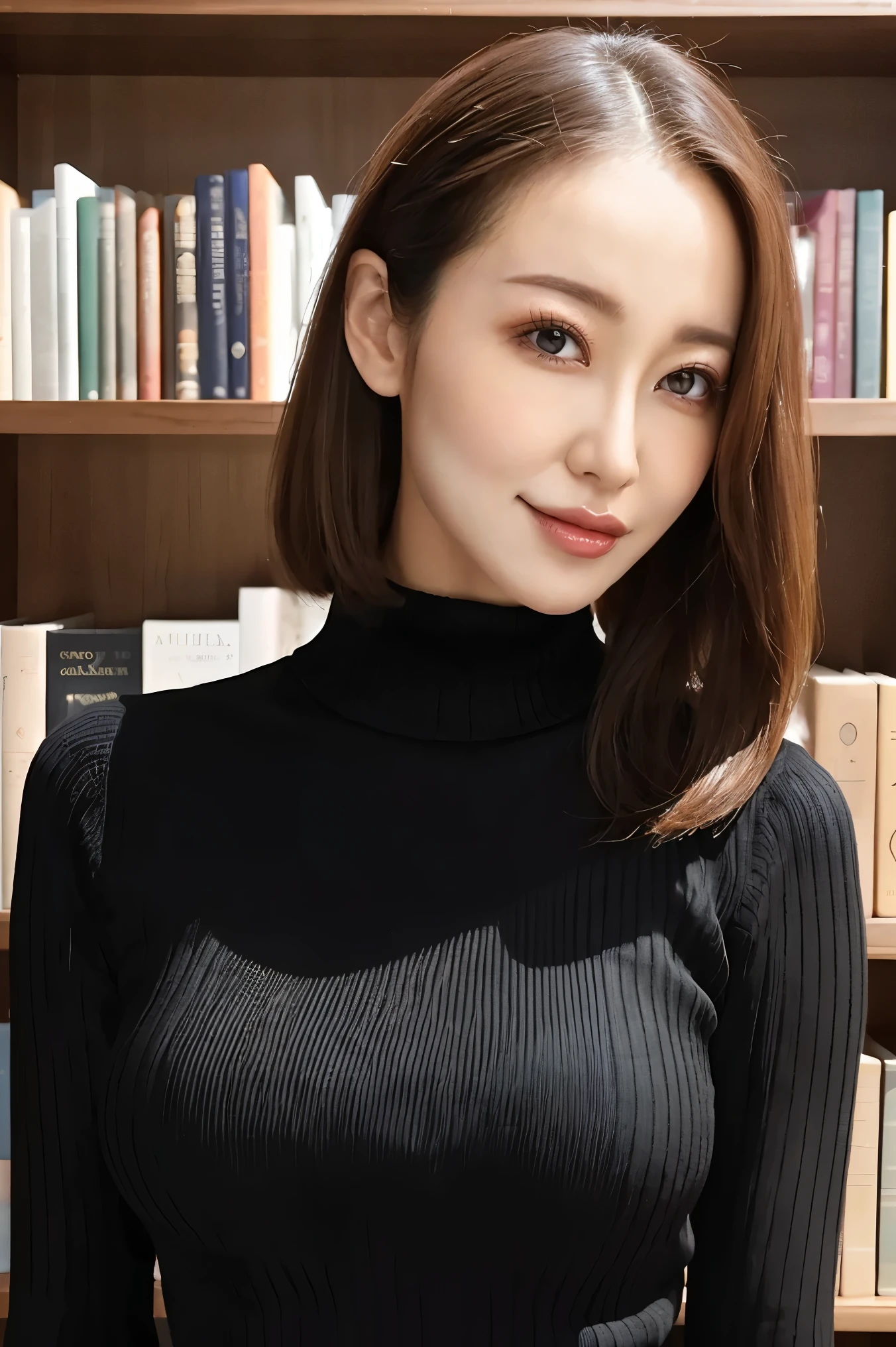 Arafed woman in a black top standing in front of a book shelf - SeaArt AI
