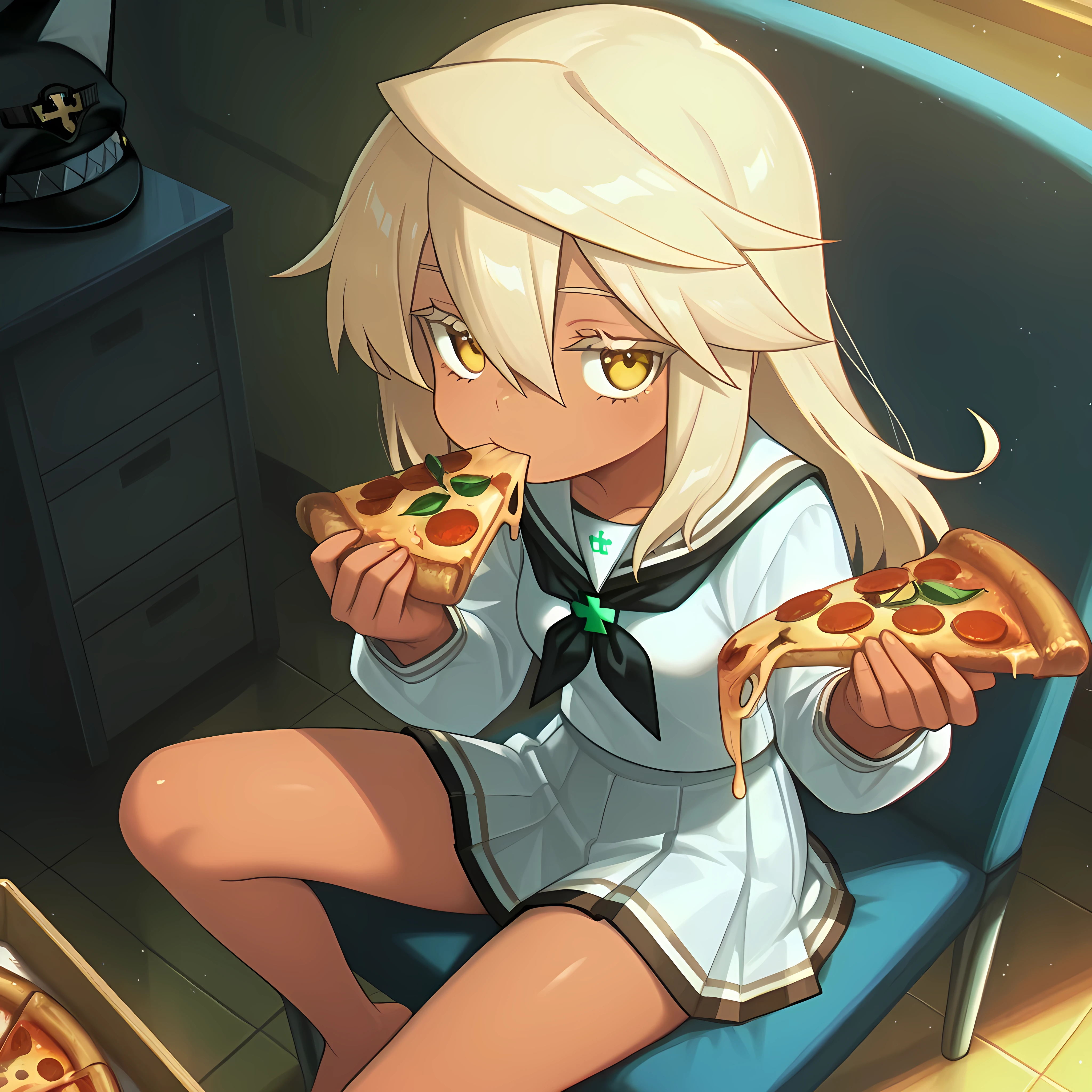 masterpiece, best quality, amazing quality, very aesthetic, high resolution, ultra-detailed, absurdres, newest, Anime screencap, highly detailed, high quality, hyper-Detailed, mistico_IL. BREAK. 
1girl, solo, long hair, looking at viewer, skirt, blonde hair, holding, sitting, school uniform, yellow eyes, food, barefoot, dark skin, dark-skinned female, chair, eating, holding food, pizza, holding pizza, ramlethal valentine