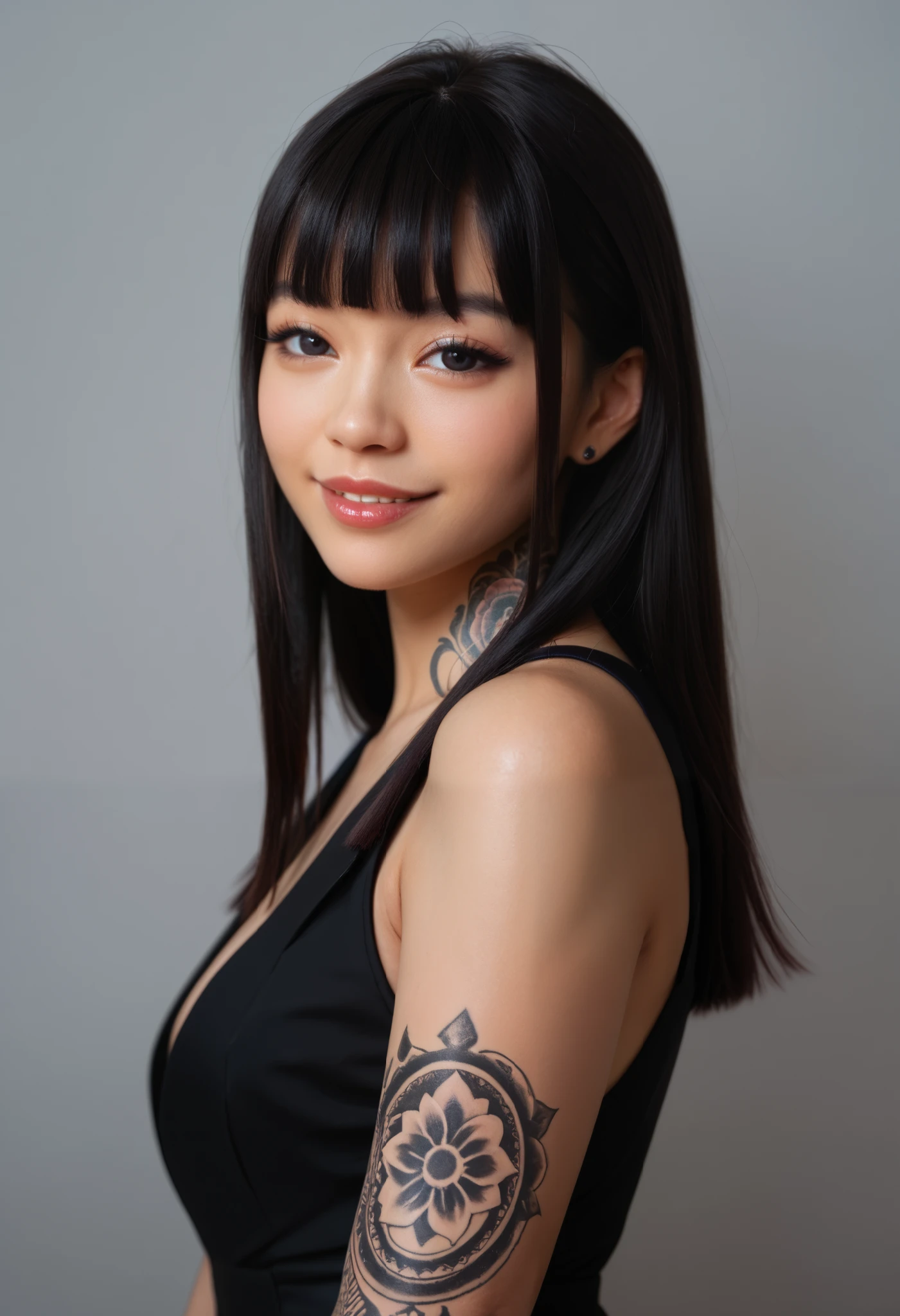 score_9, score_8_up, score_7_up, 1girl, simplified background, Asian, mafia business outfit, , sunny, lovely, hime cut hair, gentle smile, black lips, black eyes, tattoos