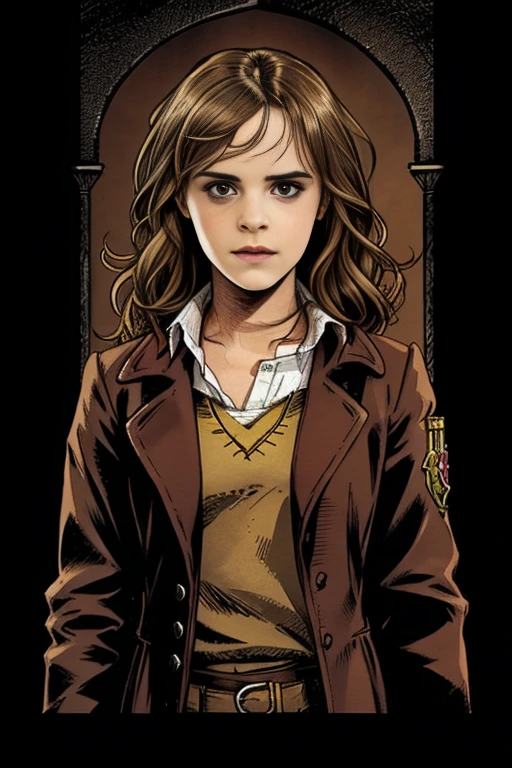 1girl, solo focus, child, brown eyes, (11 year old), a young girl standing at school gate, white shirt, untucked shirt, grey skirt, establishing shot, grey socks, hermione granger, <lora:fonglets_hermione_granger:0.9>