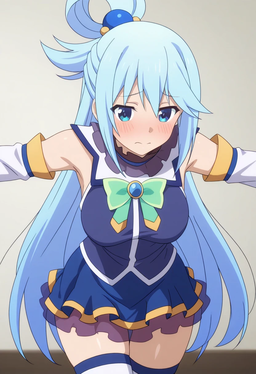 ((masterpiece)), ((Best quality)), (ultra detailed), ((kawaii)), Cute, (Beautiful), ((sexual)), ((extremely detailed)), 4K, (8 thousand.), Best quality, (Beautiful), illustration, anime style, (heavy line:1.2), Gradation, a Cute girl, 1 girl, Konosuba, Water, blue hair, detailed clothing, detailed fabric, Hair rings, (One:1.2), //, standing, (Place your hands on your hips), //, emphasizing the neckline and short skirt, slightly sheer blouse, short pleated skirt, //, Perfect eyes, //, (sexual expression:1.2), fascinated expression, smiling, looks at the viewer, (selfie:1.2) , (higher , smile , open mouth , blush:1.2) //, (Beautiful eyes) //, night sky, distant city lights, lifting skirt, Panties shown, Cute, stockings, hips high, Medium breasts, T-boots, Mid thighs