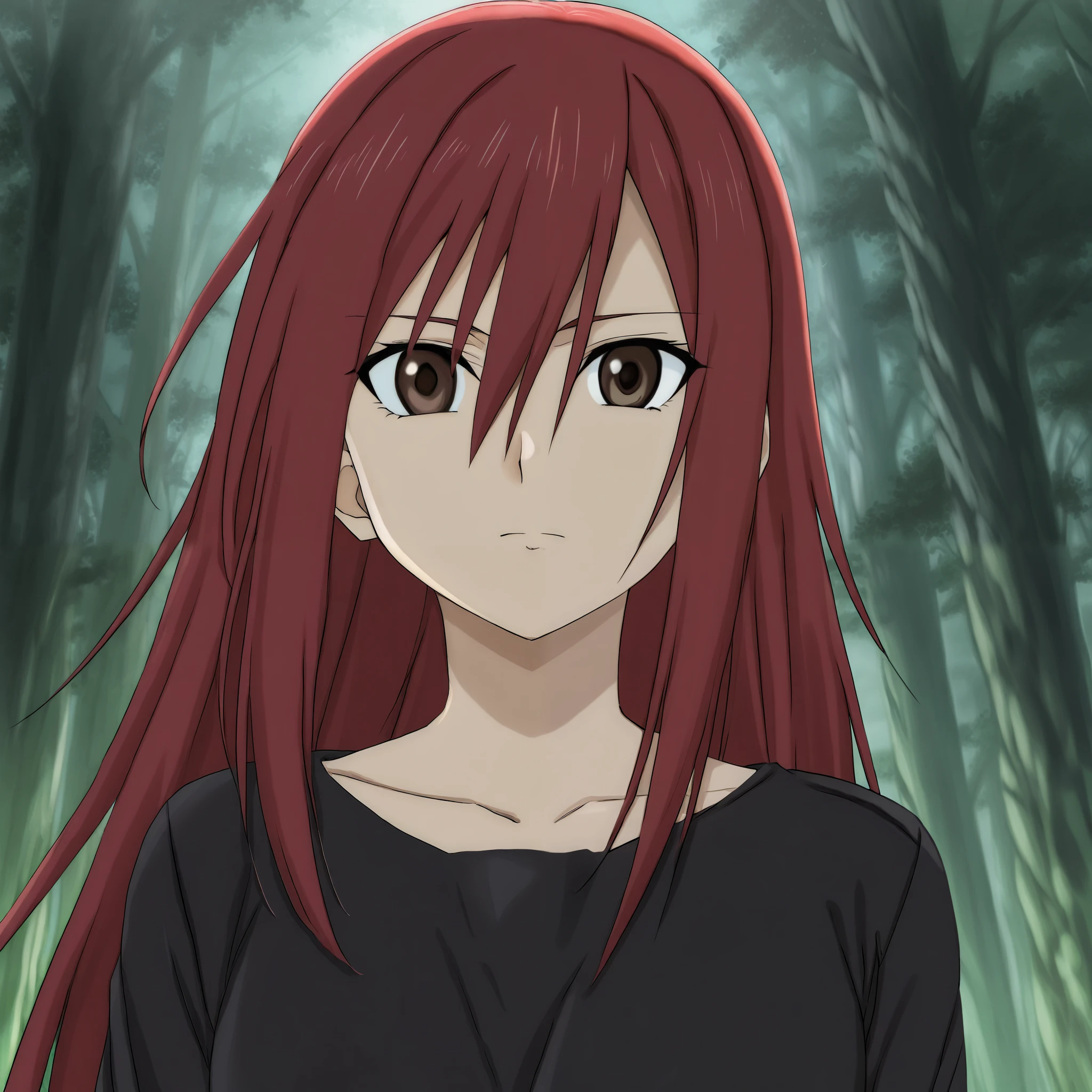 score_8_arriba, BREAK, 1 girl, Alone , Tayuya, red hair face, long hair, brown eyes, yours, up for body , al aire libre, forest, arms at the sides,