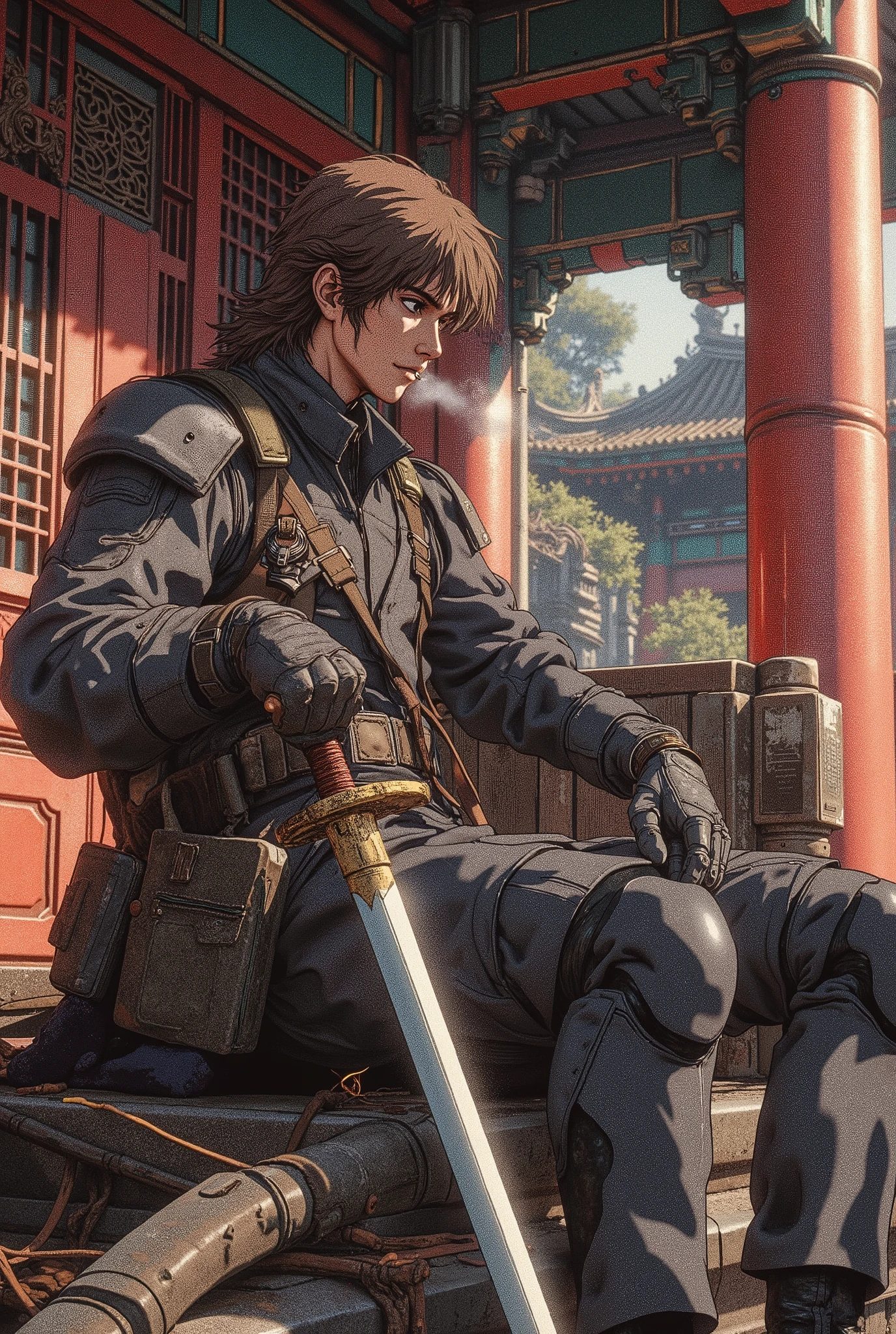 closeup of a slender Russian guy, about twenty years old, with brown hair and brown eyes, in dark grey high-tech military uniform, sits with a sword and smokes a cigarette on the porch of a Chinese-style temple
