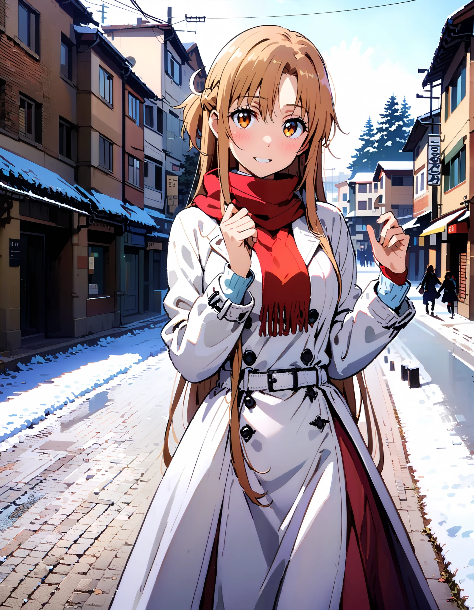 Asuna Yuki , bangs,Alone, braided, Hair, brown eyes,single braided,Medium breast,smile,blush, open their mouths, red scarf,White Down Coat , ( sweater :1.2),( turtleneck:1.2), long skirt , boots, standing,snow,whole bodyがイラストに入るように, break looking at viewer,whole body, break outdoors, Around town, break ( Masterpiece:1.2), top quality , kampala,unity 8k wallpaper,(shape:0.8),( fine, beautiful eyes :1.6),It's a person ,whole body写真,CG Details , ( perfect hand, complete anatomy),