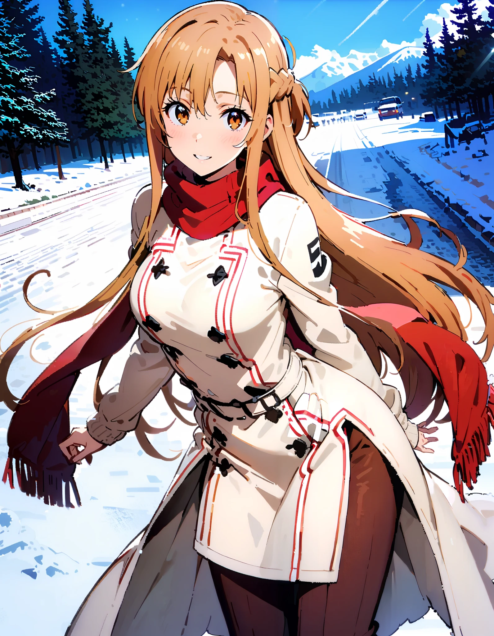 Asuna Yuki , bangs,Alone, braided, Hair, brown eyes,single braided,Medium breast,smile,blush, open their mouths, red scarf,White Down Coat , ( sweater :1.2),( turtleneck:1.2), long skirt , boots, standing,snow,whole bodyがイラストに入るように, break looking at viewer,whole body, break outdoors, Around town, break ( Masterpiece:1.2), top quality , kampala,unity 8k wallpaper,(shape:0.8),( fine, beautiful eyes :1.6),It's a person ,whole body写真,CG Details , ( perfect hand, complete anatomy),