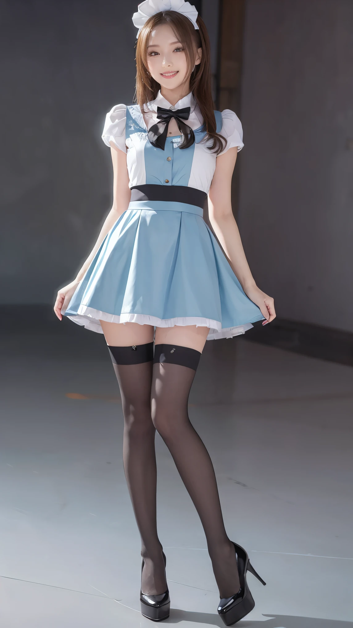 Bunny girl in a light blue maid outfit:1.5， Wears Black Tights:1.5， best smile:1.5，  full body shot :1.5， grey background:1.5， Wear Black High Heels:1.5，, 