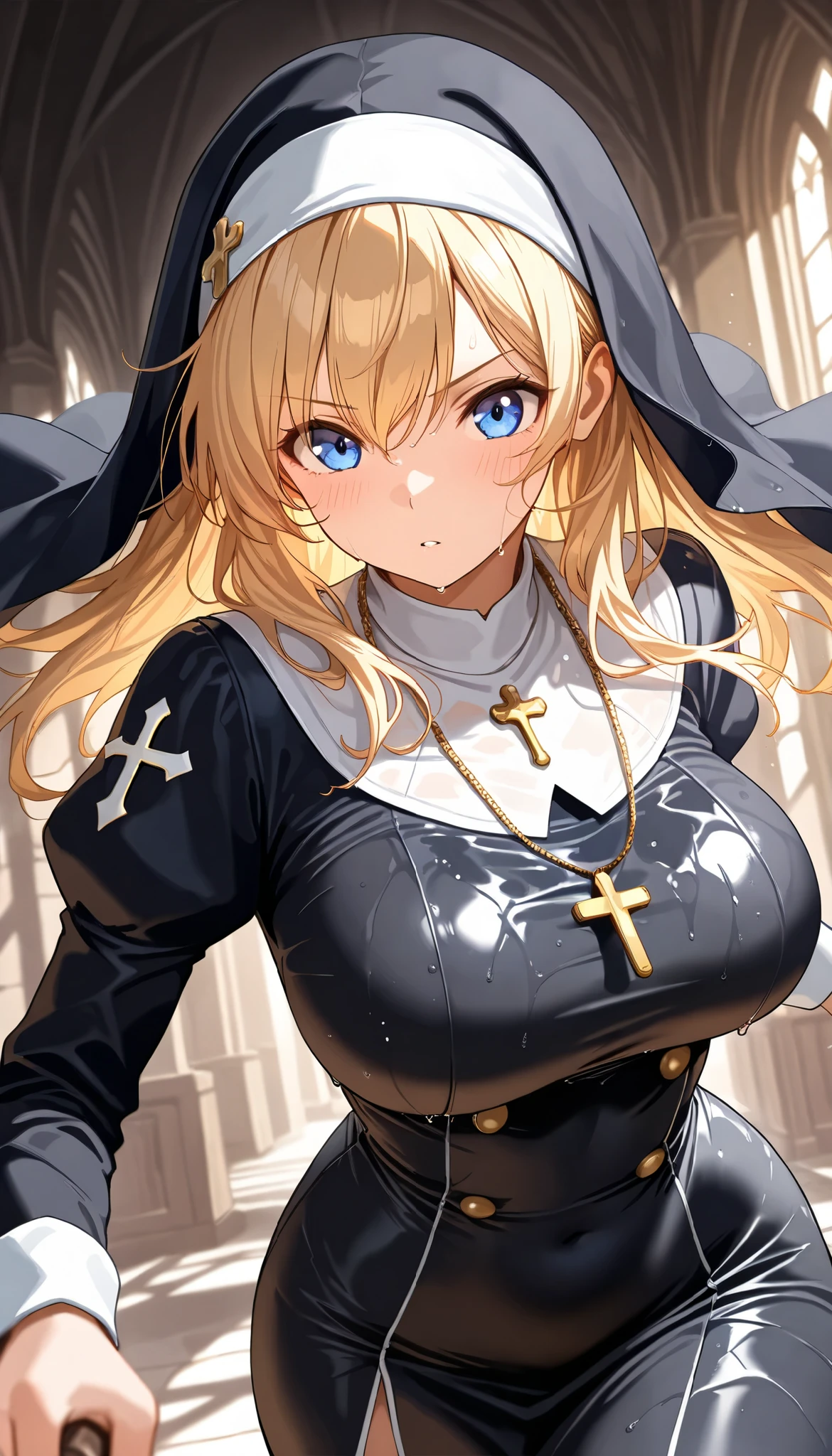 ({masterpiece}},{best quality,}，white background,full body,Middle Ages,1 woman，（20years old1:1),bule eyes,，smile，great chest,nun,,Quiet,sexy，({masterpiece}},{best quality}
