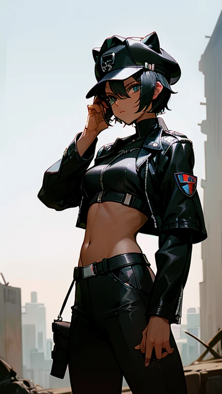 masterpiece, best quality, 8k, artstation, wallpaper, official art, sharp focus, beautiful woman, brown skin, cyan hair, sexy half-, perfect face, leather jacket, belly showing, little clothing, short hair, punk hair, shaved sides, mohawk, cyberpunk, (solo), toucan mask, heavy metal singer