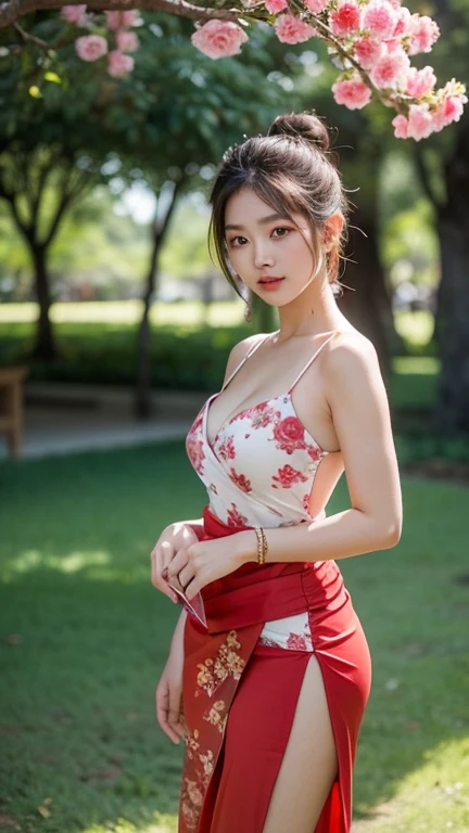 8k, best quality, Medium close-up, (red kebaya )、(luxury kebaya ),(top-quality,​masterpiece:1.3,超A high resolution,),(ultra-detailliert,Caustics),(Photorealsitic:1.4,RAW shooting,)Ultra-realistic capture,A highly detailed,high-definition16Kfor human skin, Cute and lovely Korean girl, realistic, ultra detail, photo realistic, Increase quality, standing in a garden with a scarf, garden, (large breast), (cleavage ), close-up shot, mouth,dark-haired, pink neon fringe messy updo hair, (depth of fields、chromatic abberation、Wide range of lighting、Natural Shading、)、(Exterior light at night:1.4)、(Hair swaying in the wind:1.2).