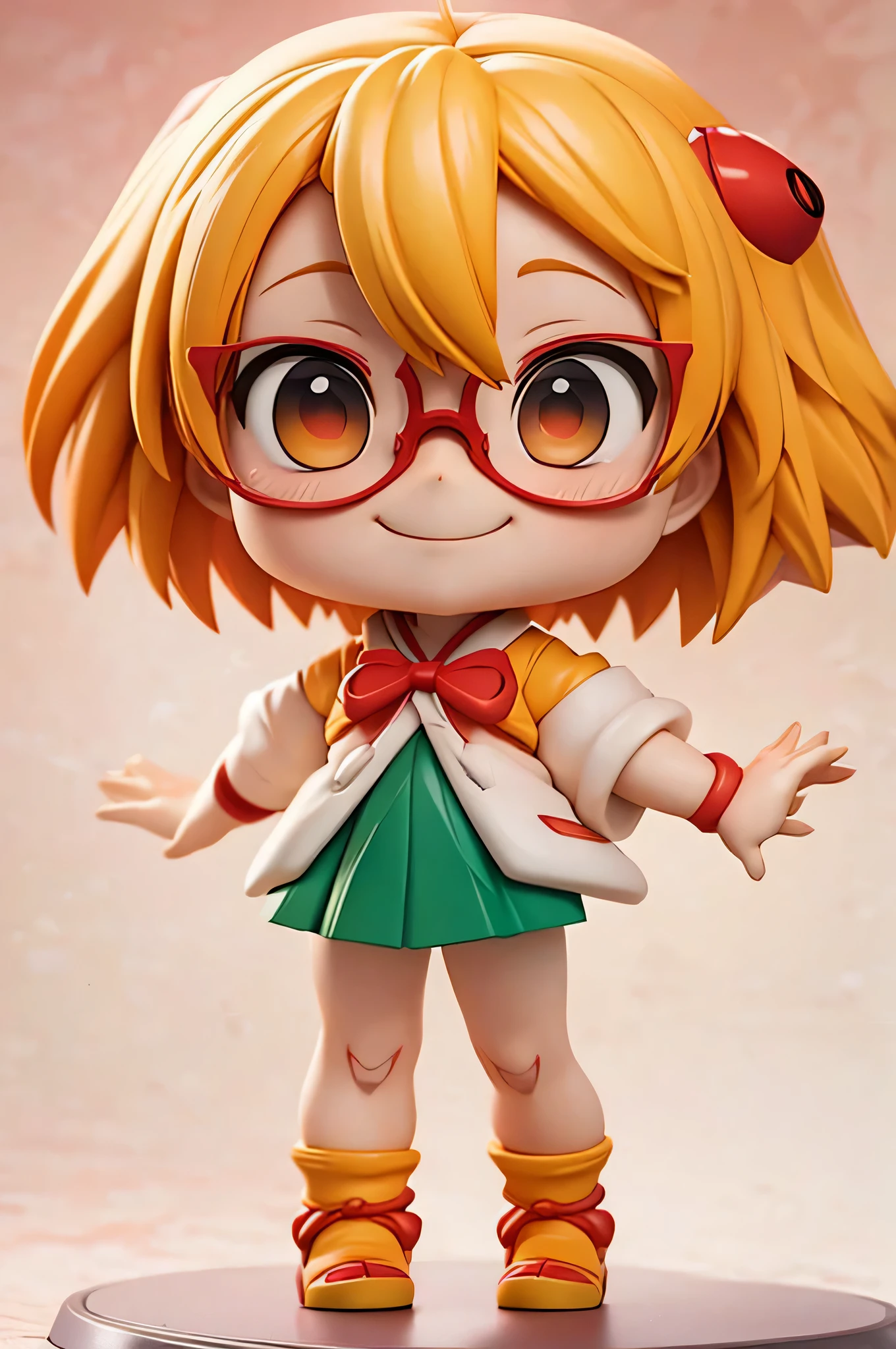 Blonde, Japanese anime, Evangelion, Asuka, Glasses, Mini character, Deformed character, 3D model, Full body, Looking at the camera, Smiling face, Simple background, Masterpiece, High precision, Realistic photo, Ultra high quality, 4 heads, Green screen, Bird's eye view, Transparent, People only,