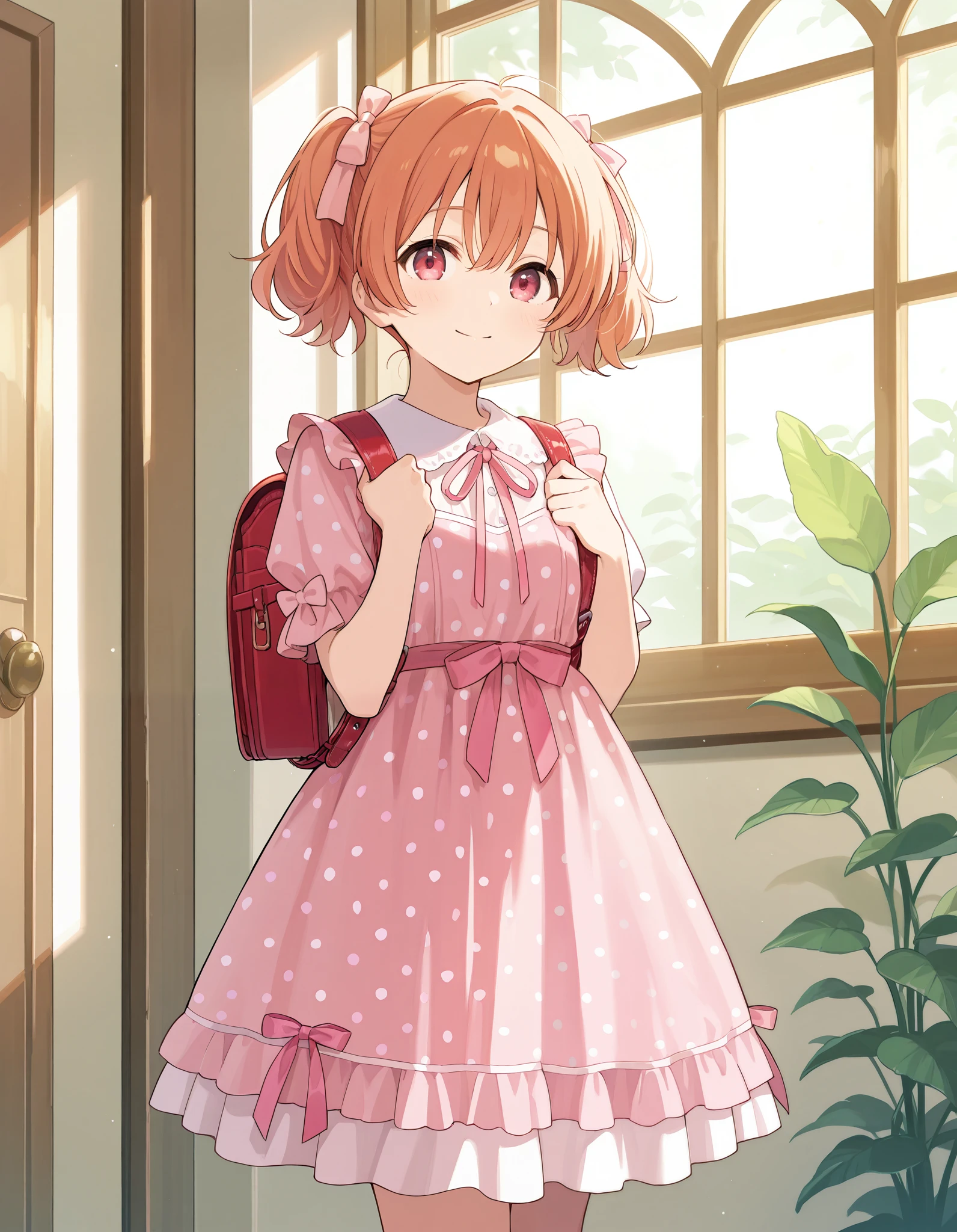 Masterpiece, hd, 2d, A girl standing in front of a house with lush green plants in the background. She is wearing a cream-colored dress adorned with pink polka dots and a pink bow on the chest. She carries a red backpack, and her short hair is styled into two ponytails tied with pink ribbons. She wears white shoes decorated with pink ribbon. The scene captures a sunny day, with the house door and windows visible behind her
