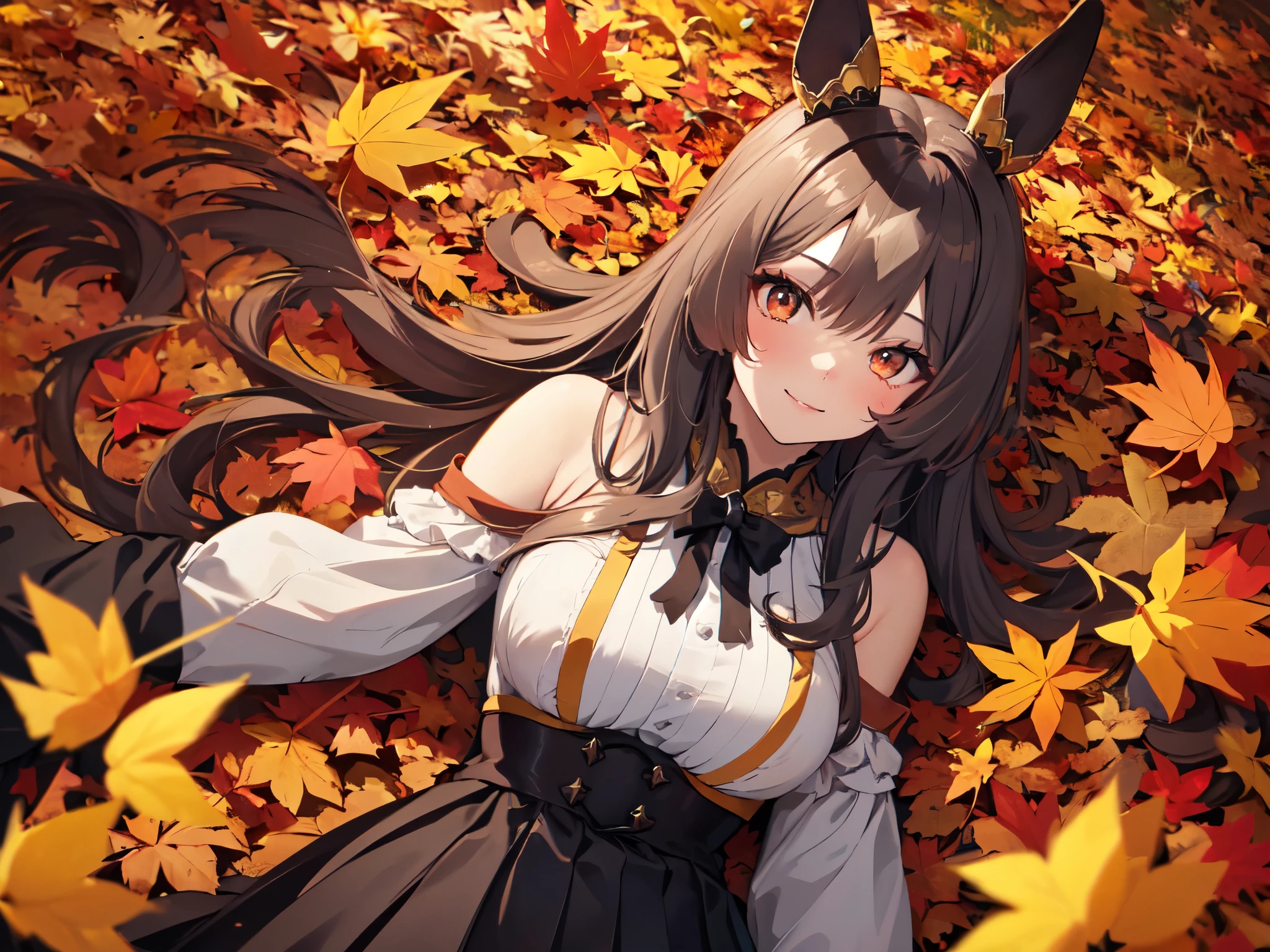 (Solo, 1 girl). (Anatomically Correct, UHD, Retina, Masterpiece, Ultra Detailed, High Detail, Top Quality, Award Winning, High Resolution, 8k). (Focus on breasts). (Big breasted girl with horse ears, makeup). ((Lying on autumn leaves)). (Long black hair). Visible shoulders. Kunoichi outfit. Skirt. Only face turned to the side, only eyes looking into the camera. Mouth open, seductive smile.