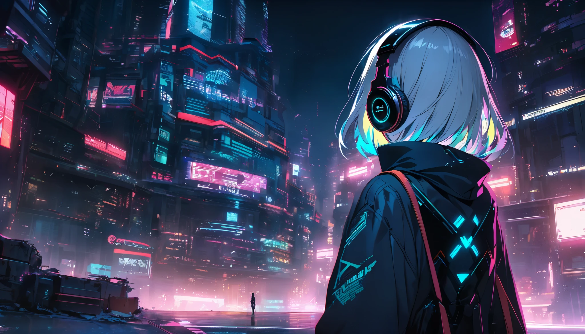 Generate an image depicting a girl seen from behind, standing by the window in her bedroom, gazing out at a cityscape. She is wearing a white pajama. The girl has long white hair flowing down her back. The image has an ambiance that is subtly influenced by the cyberpunk style. Capture the essence of a futuristic city outside the window, with neon lights illuminating the urban landscape. Emphasize the contrast between the serenity of the girl in her pajamas and the vibrant, slightly dystopian atmosphere of the cyberpunk-inspired city. Let the image convey a sense of wonder, mystery, and a touch of futuristic aesthetics.