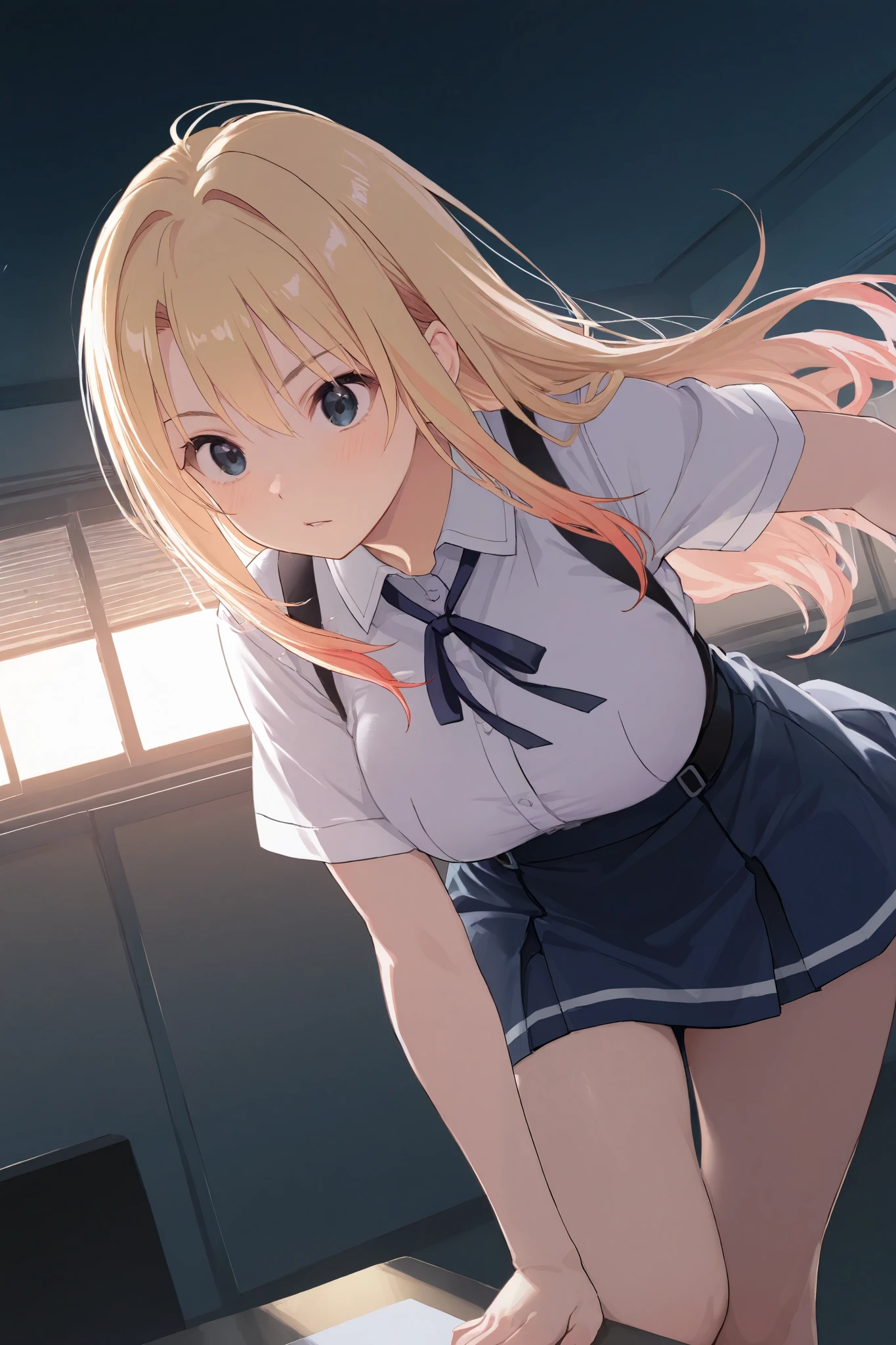 1female, kawaii, solo, school, blonde, eyes dark blue eyes, sexy, rollup mini skirt, panties white panties, look back, low angle, open mouth
