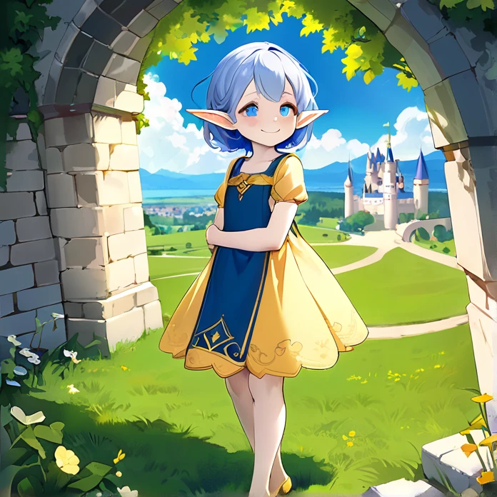 Beautiful, high quality, an elf boy around 15 years old, twink body, blue eyes, cute face, short messy jade hair, looking at the camera, smiling, wearing a medieval style clothes.