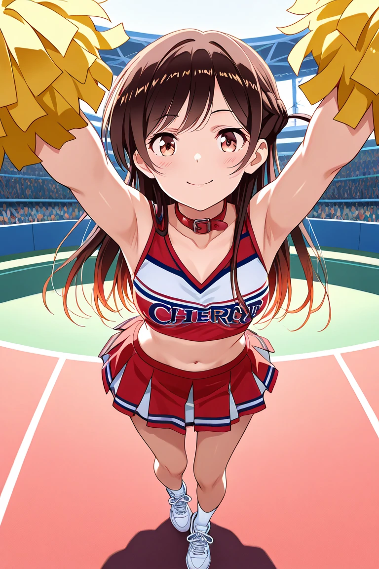 Anime Style。Cheerleading with pom-poms in a stadium full of spectators。
While jumping, her skirt flipped up, revealing her white underwear.。
Sweating under my arms、Steamy。
Big breasts and visible belly。
It's easy to tell that you're sweating