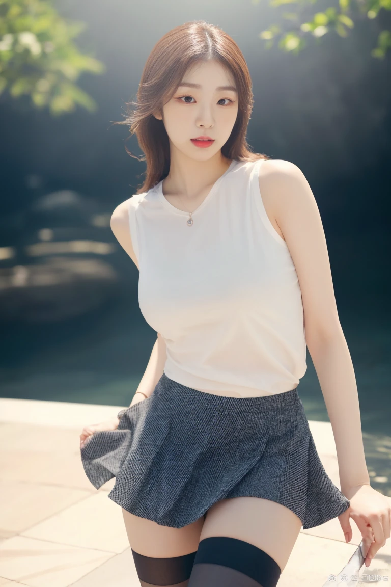 Fashion trendy beautiful and charming woman, gentle and charming Chinese beautiful woman, Korean(kpop-idol), delicate and sexy collarbone, charming oval face, double eyelids, smart [peach]blossom eyes, pink lips, small nose, bare shoulders, focus on the face, close-up of the face, Ultra-high-definition, super-detailed, the ((loose)), white off-the-shoulder shirt perfectly echoes the light blue high slit miniskirt, (chest cutout). ((black)lace panties), fresh and impressive, Natural(big breasts:1.25), (kneeling to sitting on the ground), (open your legs wide), ((spread legs)), from below angle, (glossy skin, sweaty:1.4), low angle , BDSM, Perfect figure, (nsfw:1.2)