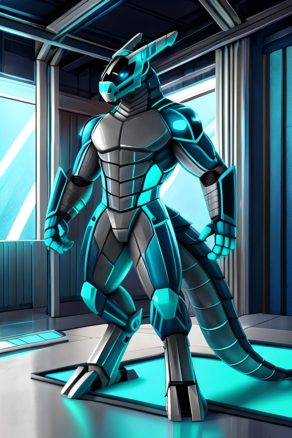 1 male, solo, Anthropomorphic dragon mechanical/Robot/Android/Mech, vibrant blue singularity-styled eyes, dual horned, cyan accent, light-grey steel/alloy frame, slightly muscular frame, full-body, heavy sci-fi industry background