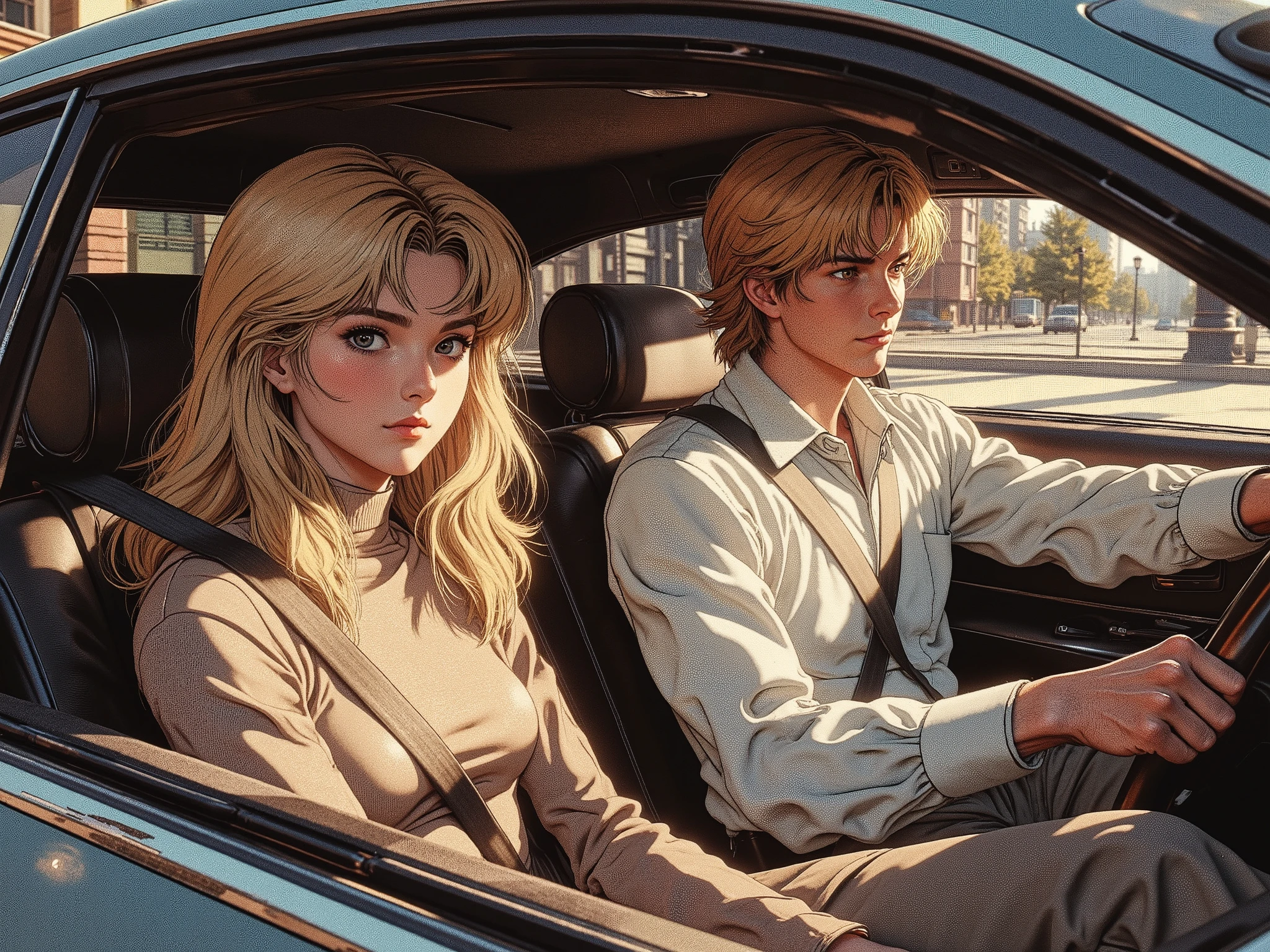 girl, , with blond long hair and brown eyes, in a turtleneck , rides in a modern car with a blonde Russian guy with light gray eyes in a long-sleeved shirt with a collar, for about twenty years , in the afternoon