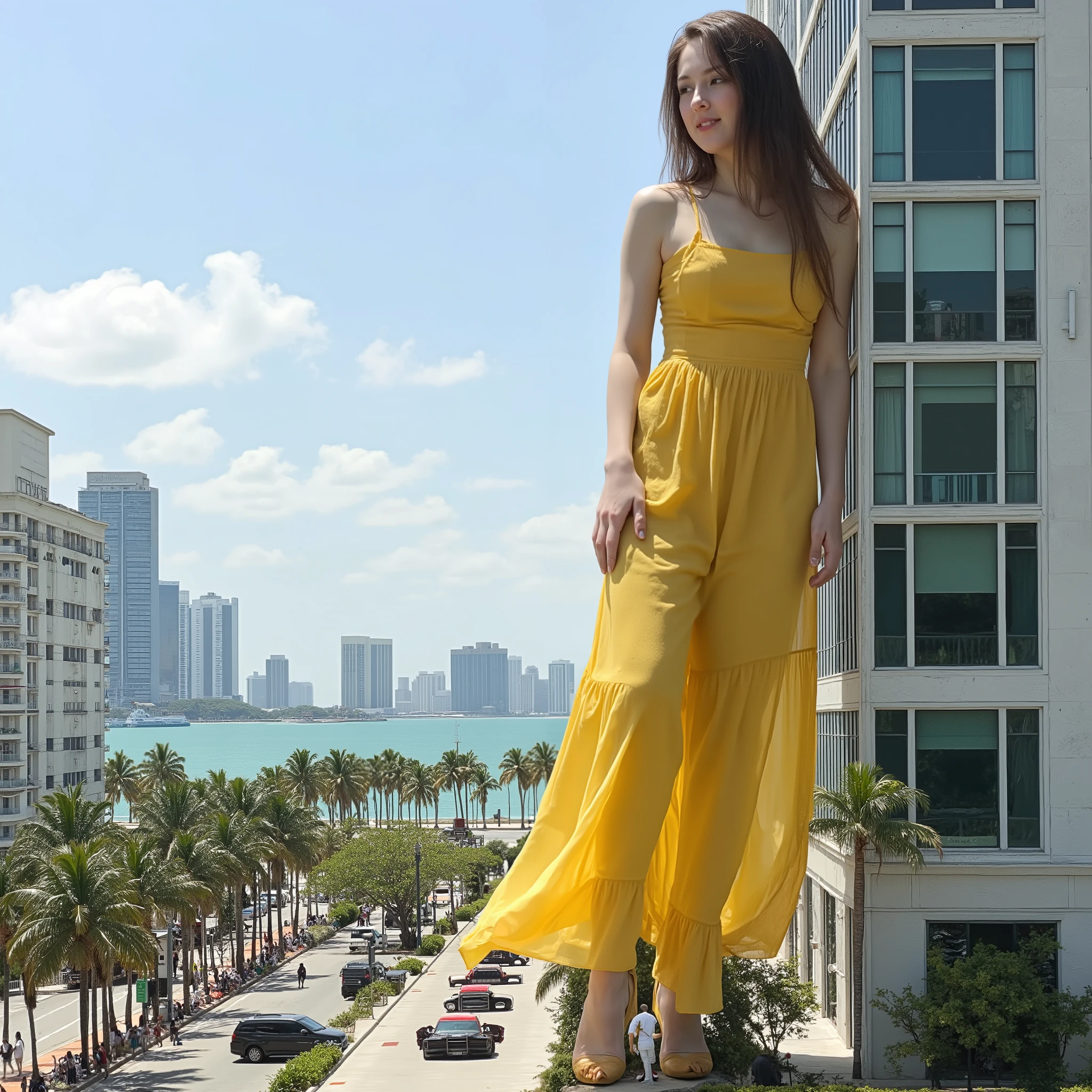 A photo of enormous giant woman wearing yellow transparent dress leaning on a building in a miami city crowded with cars, background is coastline with palms and buildings