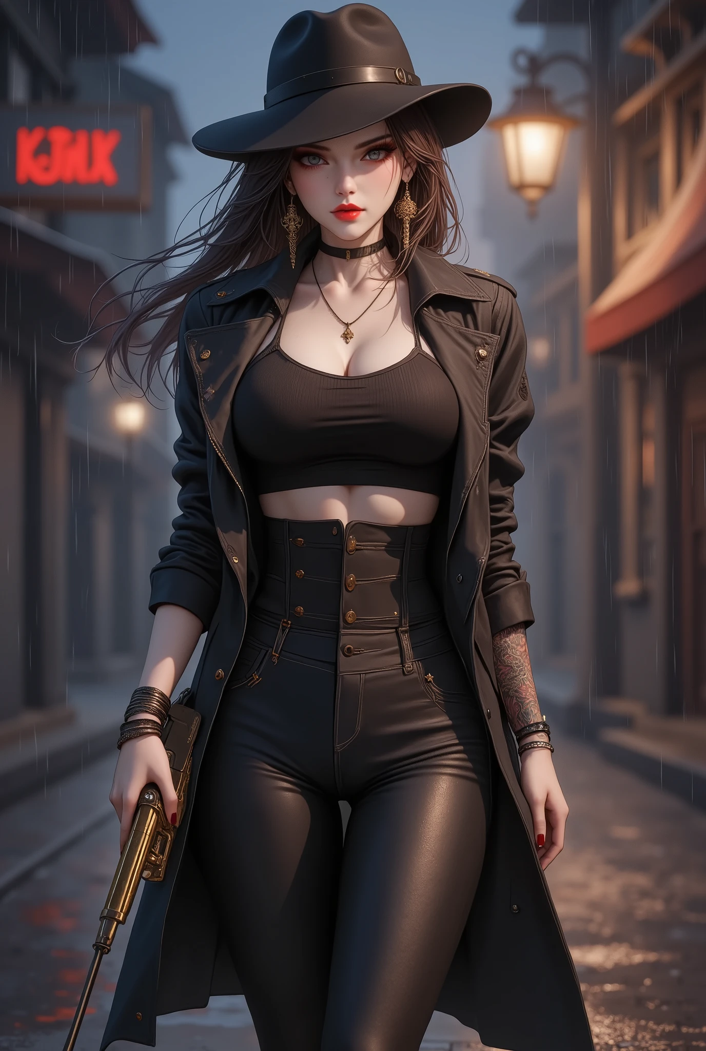 Female mob boss in a stylish trenchcoat, fedora hat, holding a big golden revolver, rain falling in a dark night city alley, illuminated by a single streetlight, serpent tattoo on her hand, noir atmosphere. Tattoos.