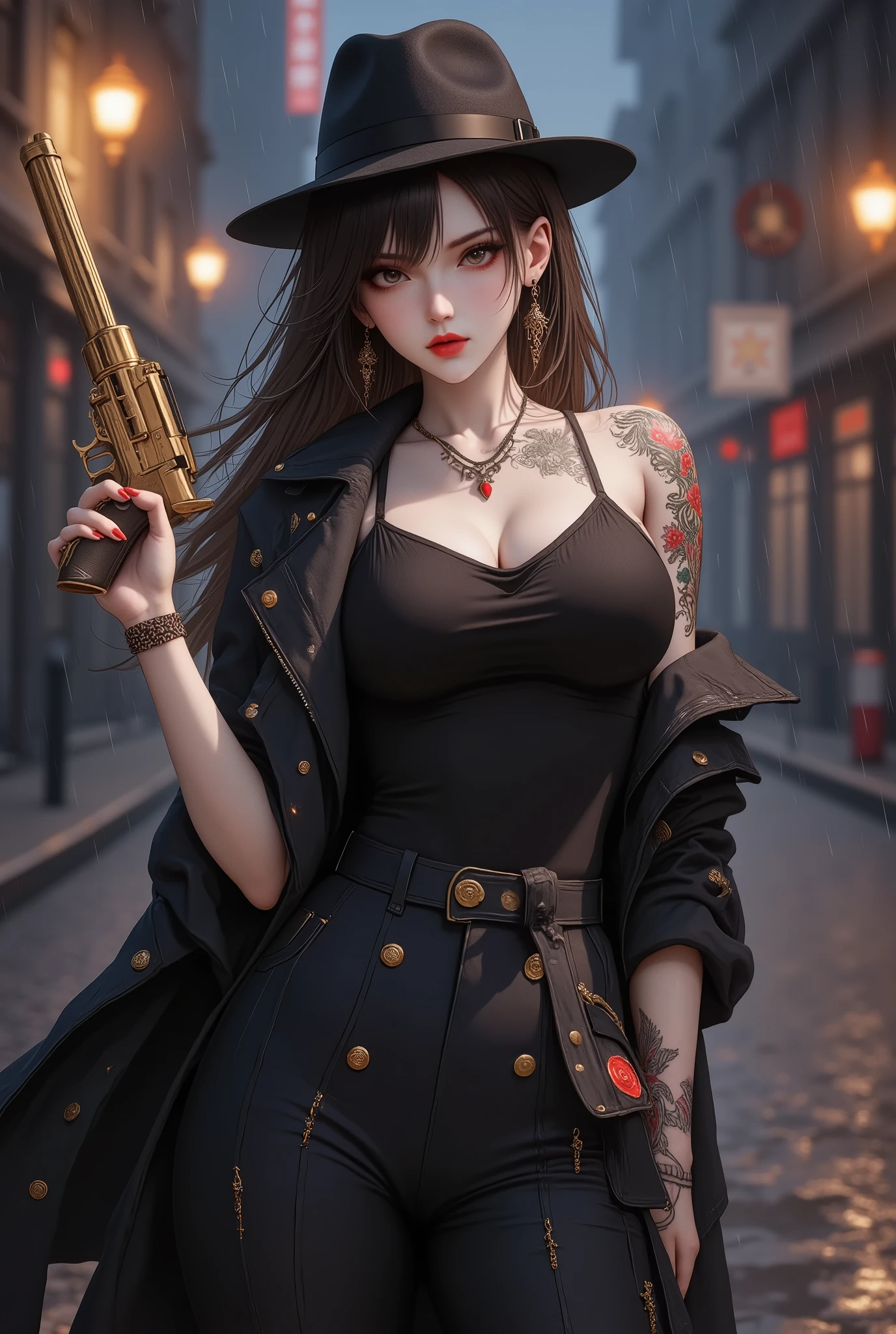Female mob boss in a stylish trenchcoat, fedora hat, holding a big golden revolver, rain falling in a dark night city alley, illuminated by a single streetlight, serpent tattoo on her hand, noir atmosphere. Tattoos.