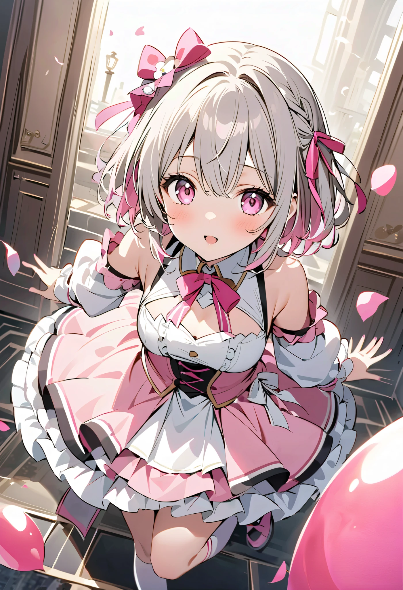 pink costume、 pink dress on the corner、Gray Hair、Gray Hairに毛先はピンク、白の long sleeve dress ロングスカート、 pink ribbon がついた knee high socks、 pink ribbon 、 idol costume 、White medium hair with pink tips 、Pink hair with pink tips、 long sleeve dress 、Beautiful Absolute Realm 、full body knee socks 、、白く short hair 、Beautiful Absolute Realm 、Alone、 knee hogh socks with pink small bow、、Depiction of fine eyes 、 short hair 、
