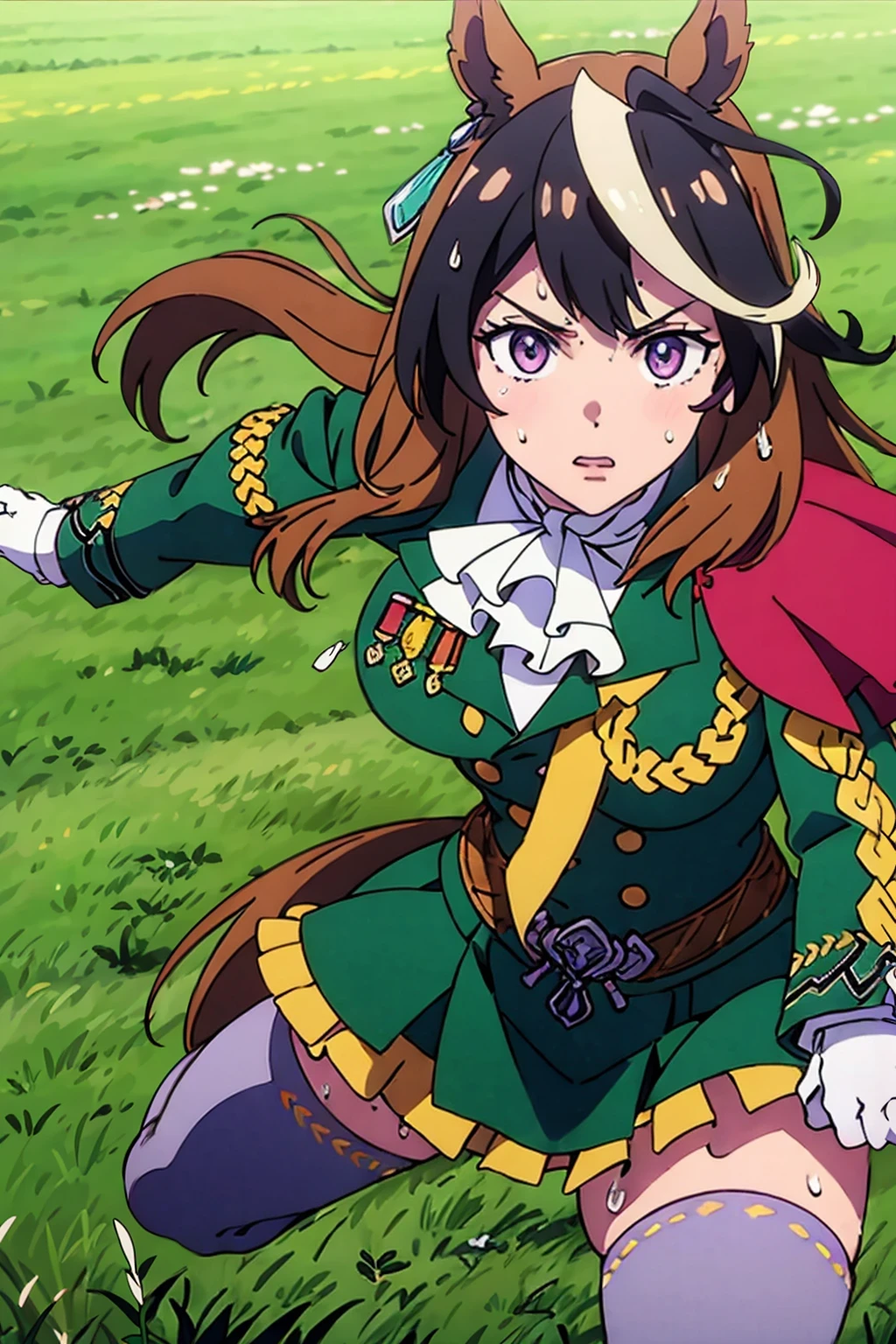 masterpiece,highest quality,Super detailed,8k,High resolution,an extremely delicate and beautiful,Official Art,Perfect Anatomy,(solo:1.5),
Contrasting colors,octane rendering,Fully painted,anime coloring,anime screencap,Cel-shaded anime,retro artstyle,1990s \(style\),90s anime,90s anime style,
perfect face,ultradeTailed eyes,beautiful,sexy,supermodel,athletic body,shiny skin,Dramatic light,(scale to fit the dimensions:1.2),
((hmsymbo:1.52)),1girl,animal ears,streaked hair,horse tail,white gloves,black thighhighs,white ascot,red cape,single epaulette,long sleeves,green jacket,frills,medal,jewelry,green skirt,buttons,
(Running:1.11),((field,grass, running, sweat:1.37)),