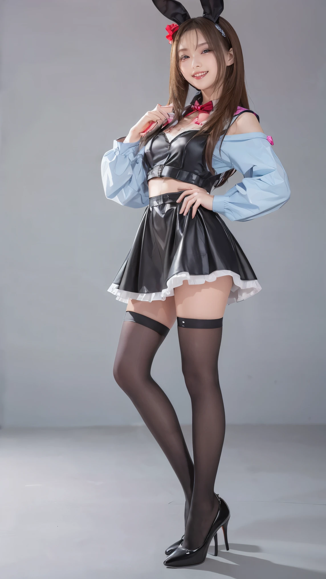 Bunny girl in a light blue maid outfit:1.5, Wears Black Tights:1.5, best smile:1.5, full body shot :1.5, grey background:1.5, Wear Black High Heels:1.5,,