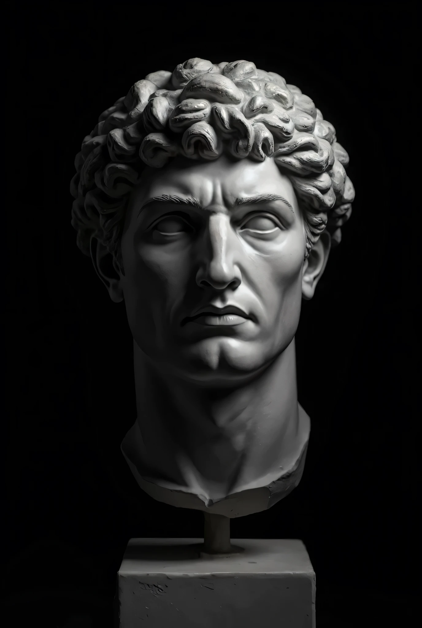 A head of a ancient greek man statue, black and white with neoclassical touch. Black background. Save europe style 