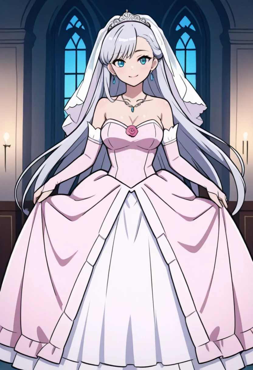 <lora:Oda_Eiichirou_Animation_Style_Dim32:0.8>, ((masterpiece,best quality)), absurdres, <lora:Boosette_Mario_Anime:0.9>, Boosette_Mario, 1girl, long hair, white hair, long white dress, ballroom dress, white gloves,  solo, smiling, blushing, looking at viewer, cowboy shot,  cinematic composition,