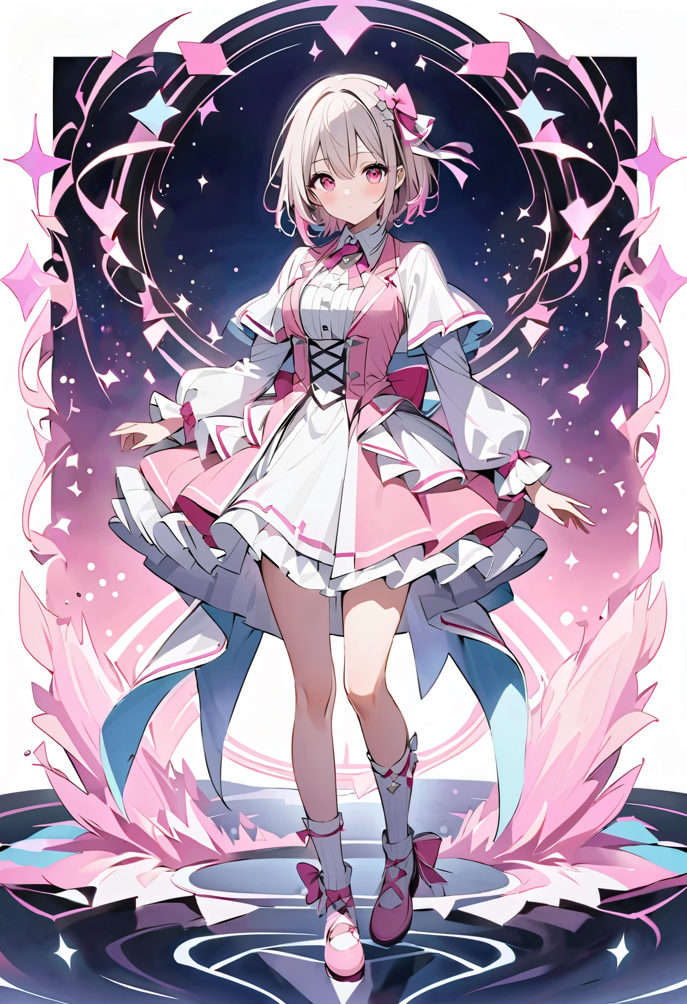 pink costume、 pink dress on the corner、Gray Hair、Gray Hairに毛先はピンク、白の long sleeve dress ロングスカート、 pink ribbon がついた knee high socks、 pink ribbon 、 idol costume 、White medium hair with pink tips 、Pink hair with pink tips、 long sleeve dress 、Beautiful Absolute Realm 、full body knee socks 、、白く short hair 、Beautiful Absolute Realm 、Alone、 knee hogh socks with pink small bow、、Depiction of fine eyes 、 short hair 、