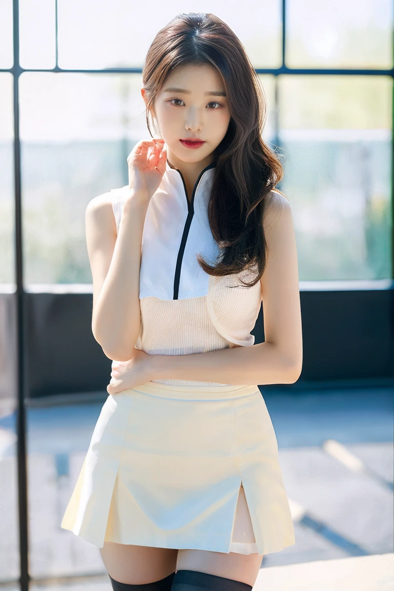 vivid,long brim white hat,Larger breasts,((between legs)),cute,(Detailed face),cloth,Sharp Eyes,Turtleneck sleeveless sporty lightweight(White plastic)Clothes,Ultra-high resolution,(Photorealistic:1.7),Black long hair,Gray background,