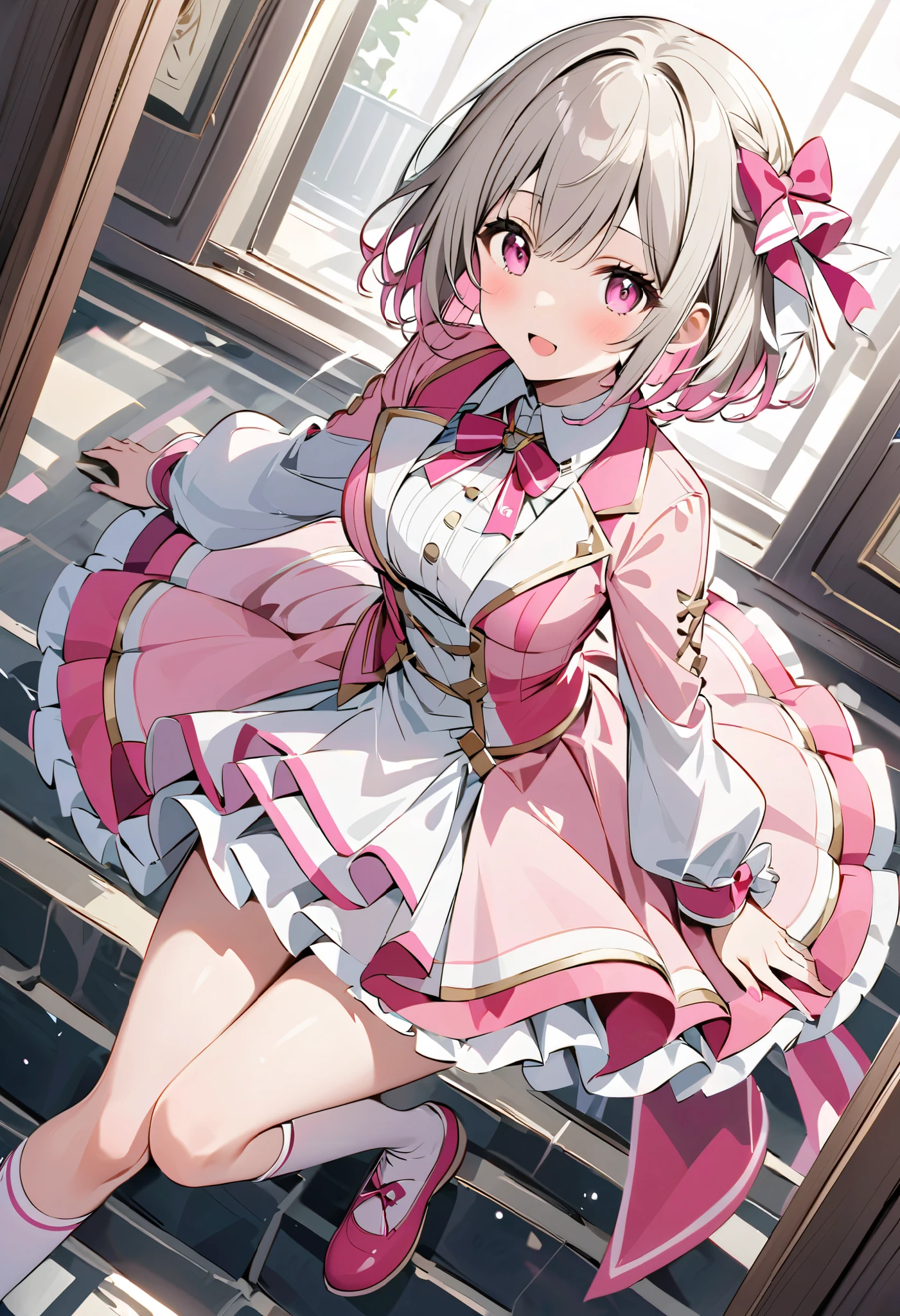 pink costume、 pink dress on the corner、Gray Hair、Gray Hairに毛先はピンク、白の long sleeve dress ロングスカート、 pink ribbon がついた knee high socks、 pink ribbon 、 idol costume 、White medium hair with pink tips 、Pink hair with pink tips、 long sleeve dress 、Beautiful Absolute Realm 、full body knee socks 、、白く short hair 、Beautiful Absolute Realm 、Alone、 knee hogh socks with pink small bow、、Depiction of fine eyes 、 short hair 、