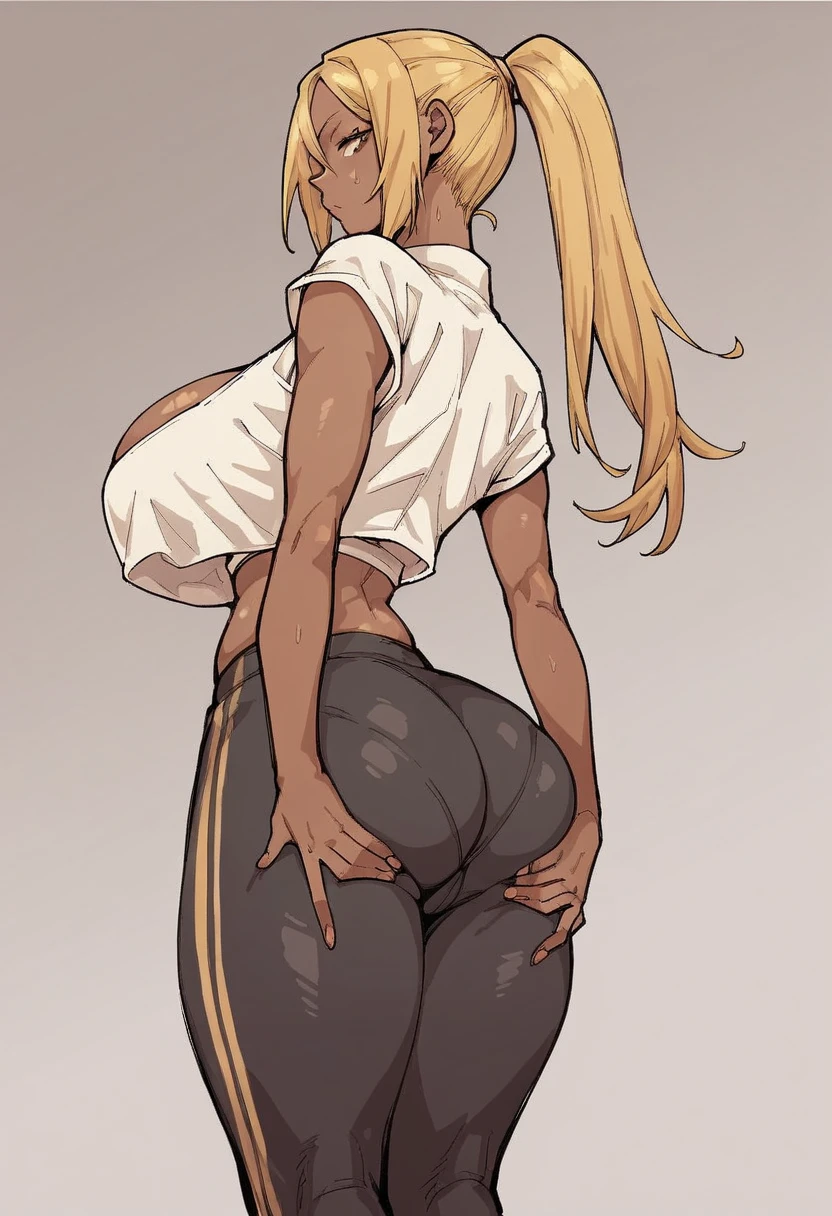 girl, blond hair, ponytail, green eyes, dark skin, have 3 tails behind , full body