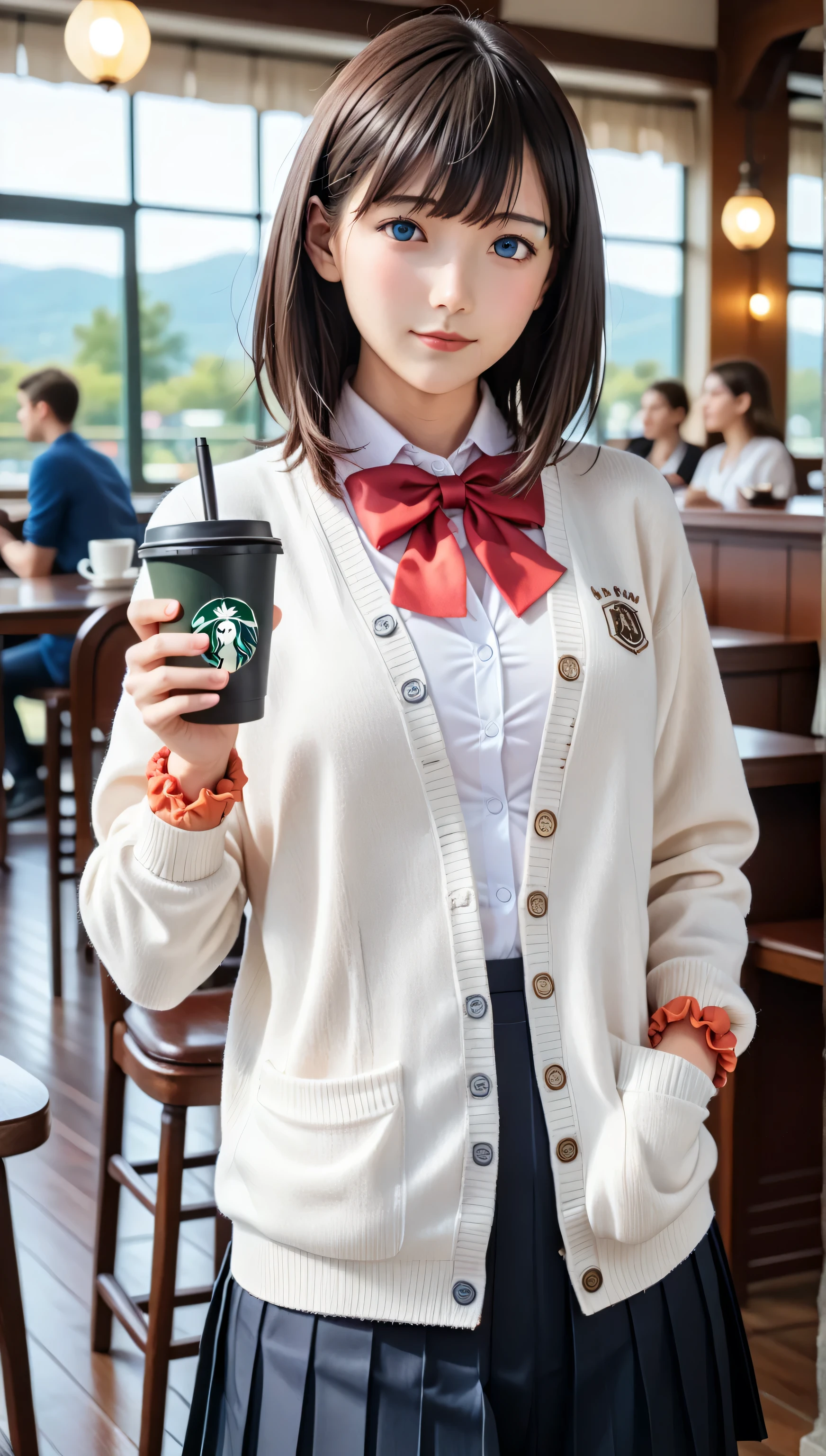 score_9, score_8_up, score_7_up, masterpiece, 8k, highres, best quality, cinematic lighting, 8k Ultra HD, Takarada Rikka, ((((1girl)))), ((((solo)))), ((((perfect lighting)))), ((((20 years old)))), ((((20 year old)))), ((((20 yo)))), ((((facing viewer)))), (((masterpiece, best quality))), ((((best quality, photo-realistic)))), (((((realistic:1.4))))), (((((photorealistic))))), (((((portrait))))), (((((highly detailed background))))), ((((indoors)))), ((((cafe)))), blurry background, high quality, (((((black hair))))), blue eyes, (((((medium hair))))), orange scrunchie, scrunchie, wrist scrunchie, black footwear, ((((black pleated skirt)))), ((((red bow)))), red bowtie, ((((buttons)))), thighs, ((((white cardigan)))), white shirt, collared shirt, ((((long sleeves)))), ((((tight mini skirt)))), ((((red socks)))), school uniform, dynamic angle, dutch angle, cowboy shot, ((((perfect fingers)))), (((((depth of field))))), Detailed face, ((((sharp focus)))), perfect hands, love, appreciate, looking at viewer, beautiful breasts, beautiful ass, shiny skin, cute face, beautiful face, ((pretty)), Beautiful eyes, (((sensual vibe))), ((((feeling pleasure)))), (((((sexy pose))))), (((((seductive pose)))), ((((perfect body)))), young Japanese woman, (((Big Breasts))), ((((coffee cup)))), ((((holding a coffee cup)))), barista, (((((sitting in chair))))), (((((sitting down:1.4))))), sunlight through window, arm bent, ((((leg extended)))), ((((hand on chest)))), (((((table))))), food,