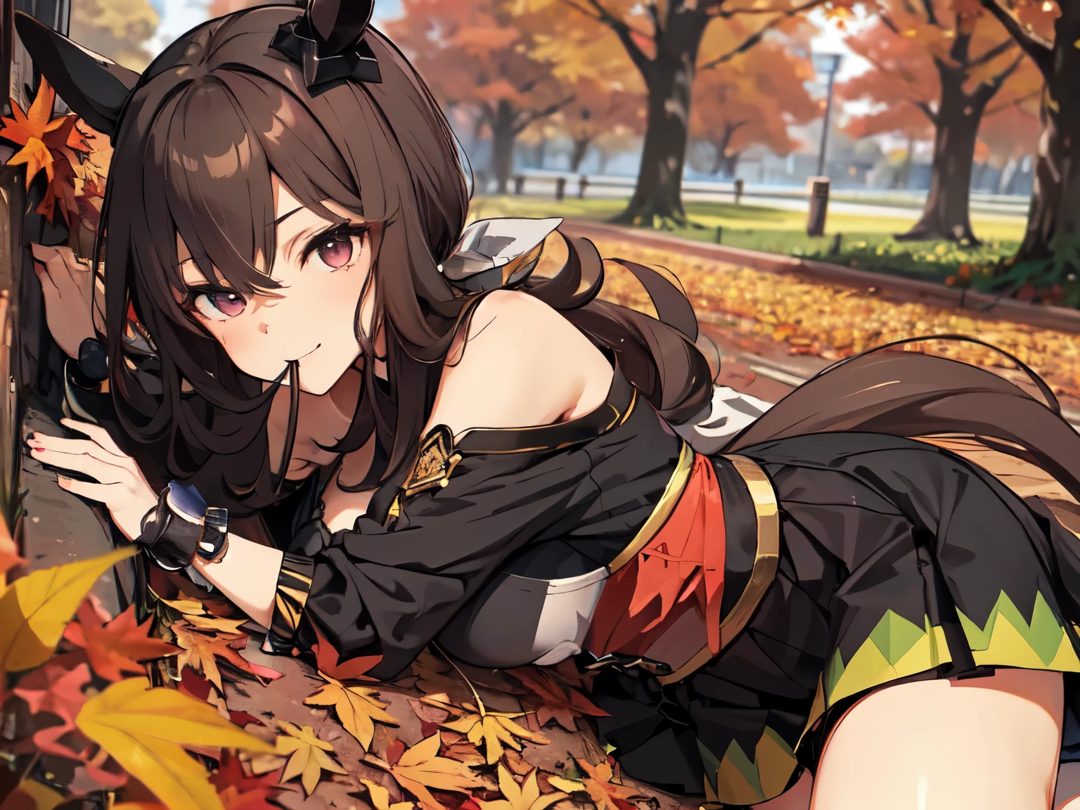 (Solo, 1 girl). (Anatomically correct, UHD, Retina, Masterpiece, Ultra detailed, High detail, Best quality, Award winning, High resolution, 8k). (Focus on breasts). (Big breasted girl with horse ears, makeup). ((Lying on autumn leaves)). (Long black hair). ((Shoulders visible, Kunoichi ninja costume, miniskirt)). Only the face is turned to the side, only the eyes are looking at the camera. Mouth open, seductive smile.